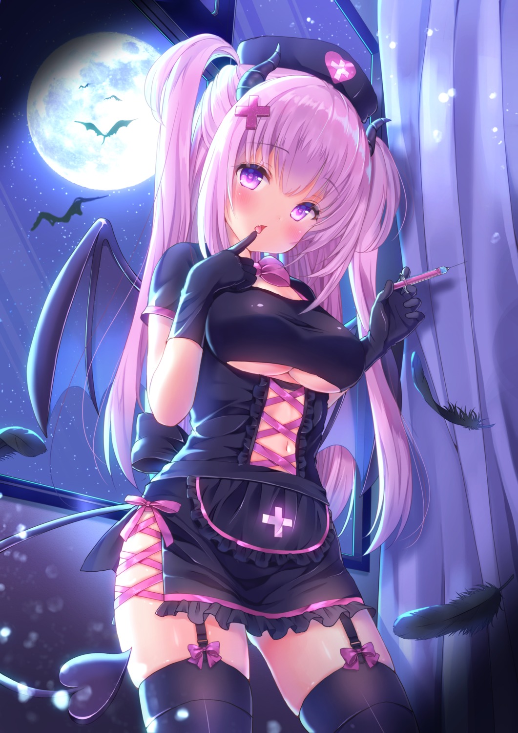 devil horns nurse stockings tail thighhighs underboob wings yuyuko_(yuyucocco)