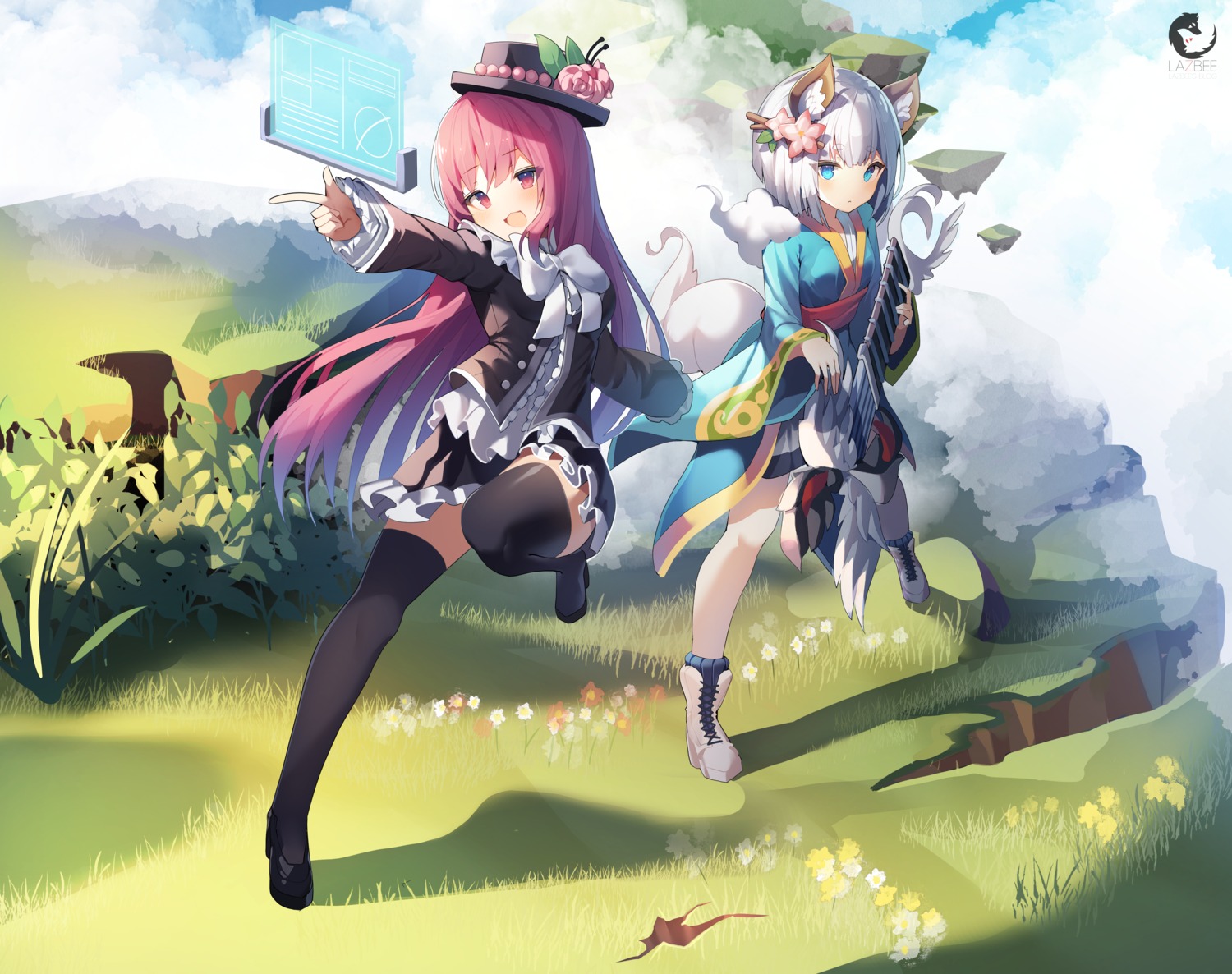animal_ears asian_clothes lazbee skirt_lift tail thighhighs