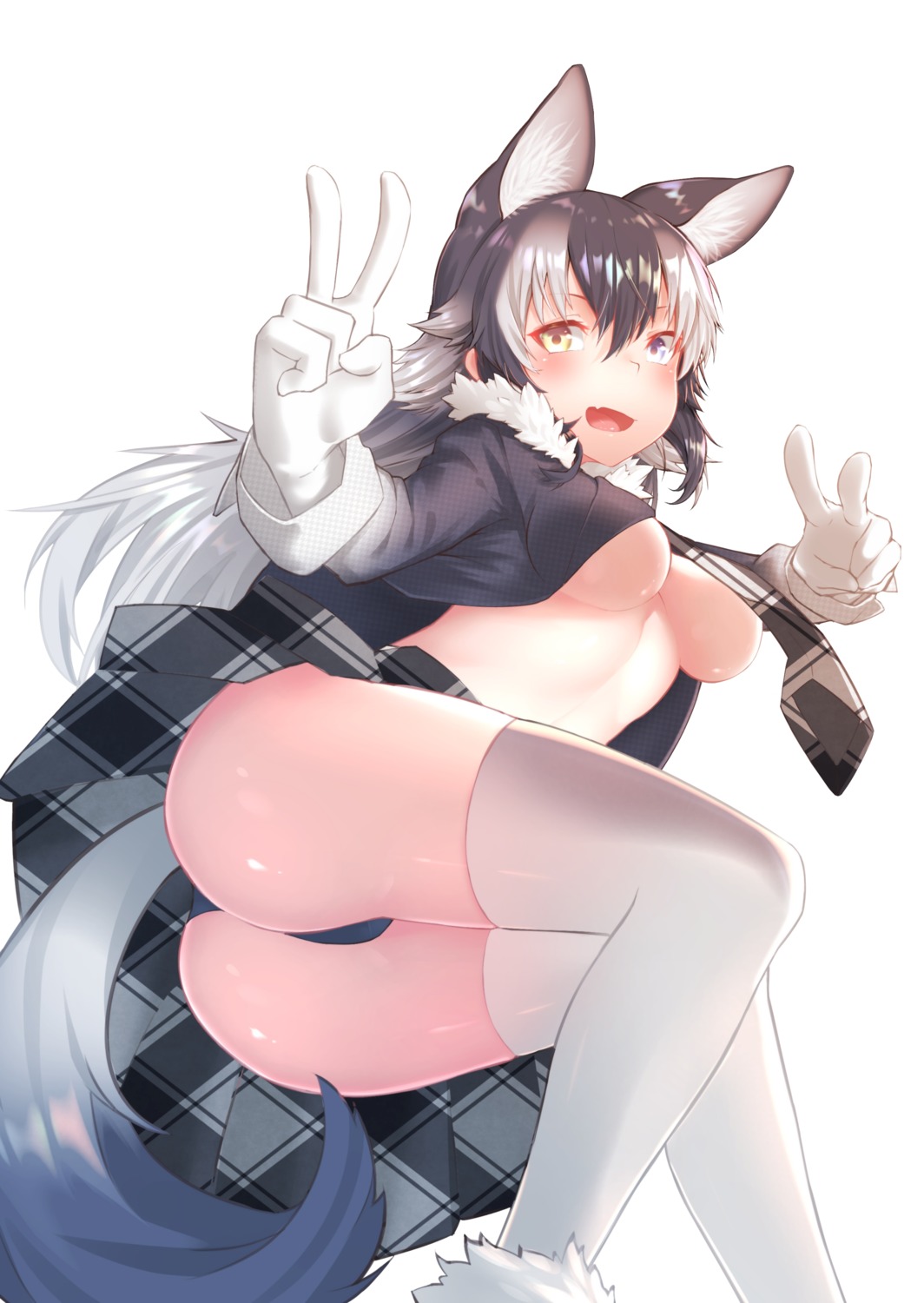 animal_ears breasts grey_wolf kemono_friends no_bra open_shirt pantsu st.takuma tail thighhighs thong