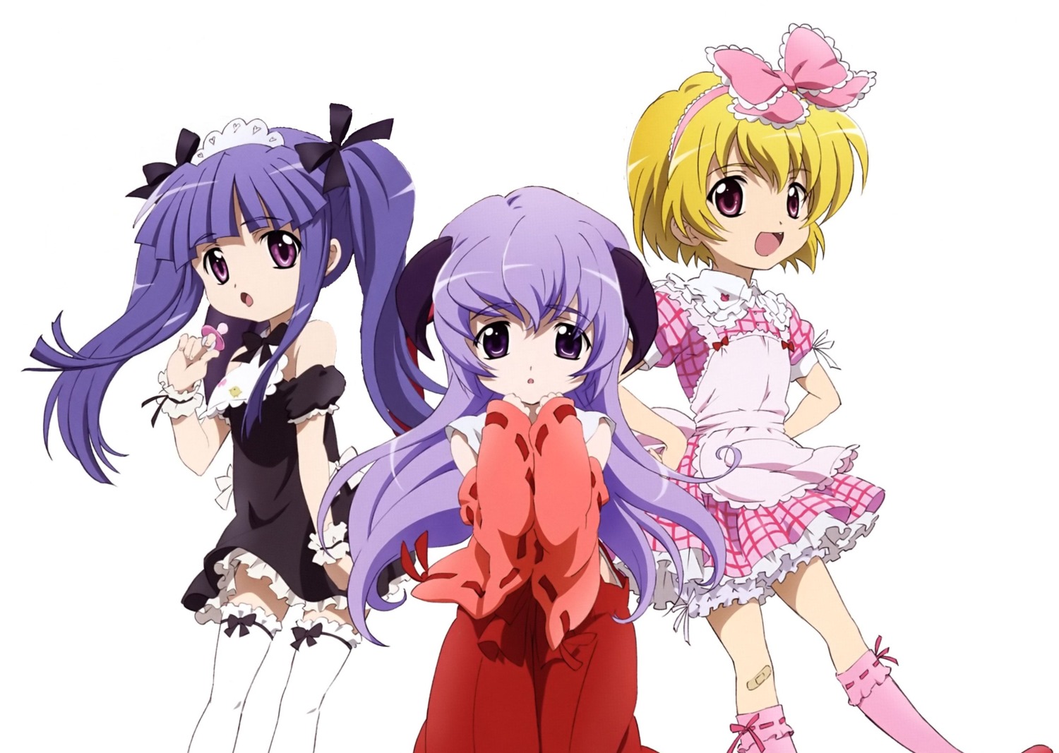 bandaid dress furude_rika hanyuu higurashi_no_naku_koro_ni horns houjou_satoko miko photoshop sakai_kyuuta thighhighs waitress