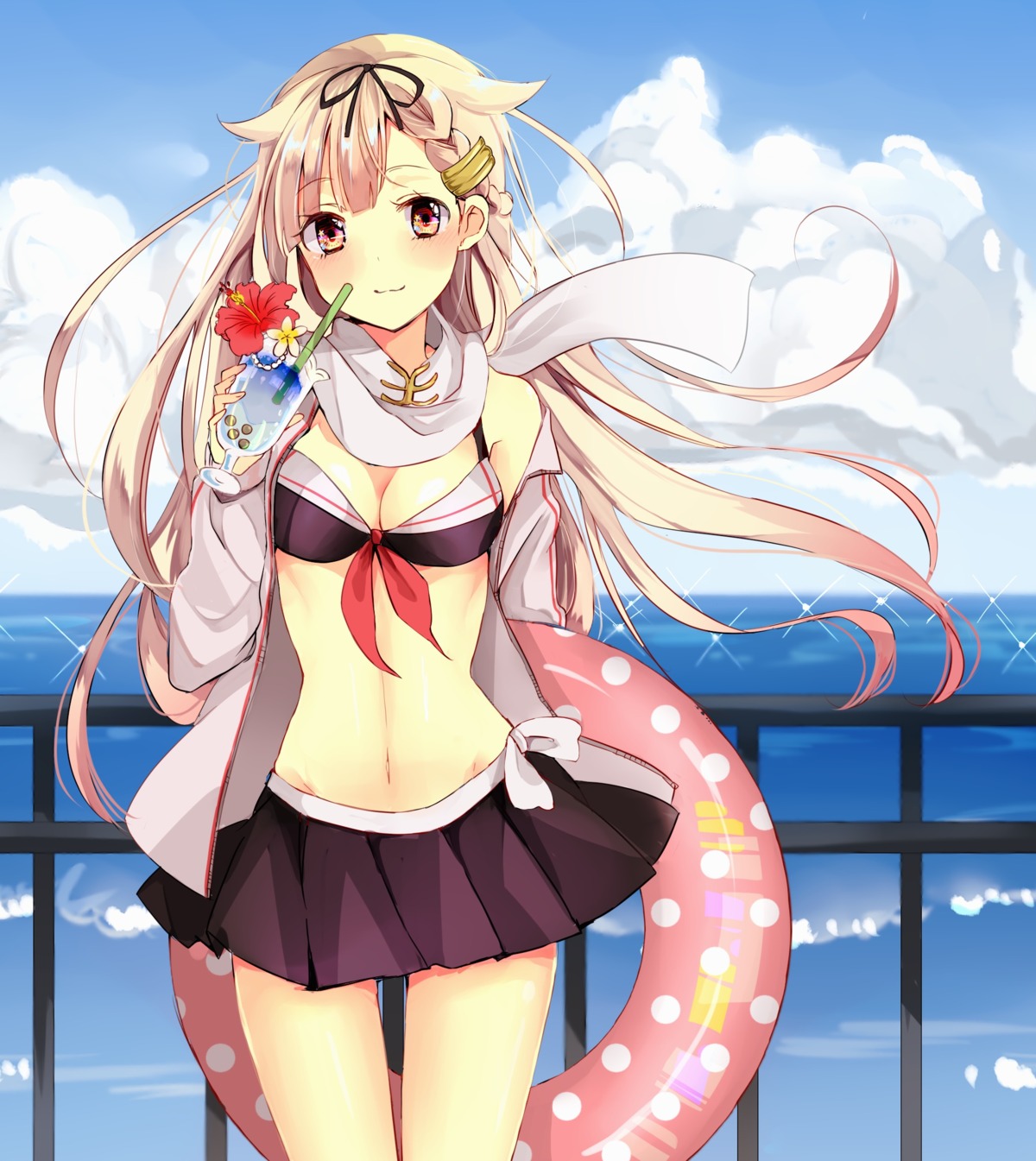 bikini cleavage kantai_collection kona_(mmmkona) open_shirt swimsuits yuudachi_(kancolle)