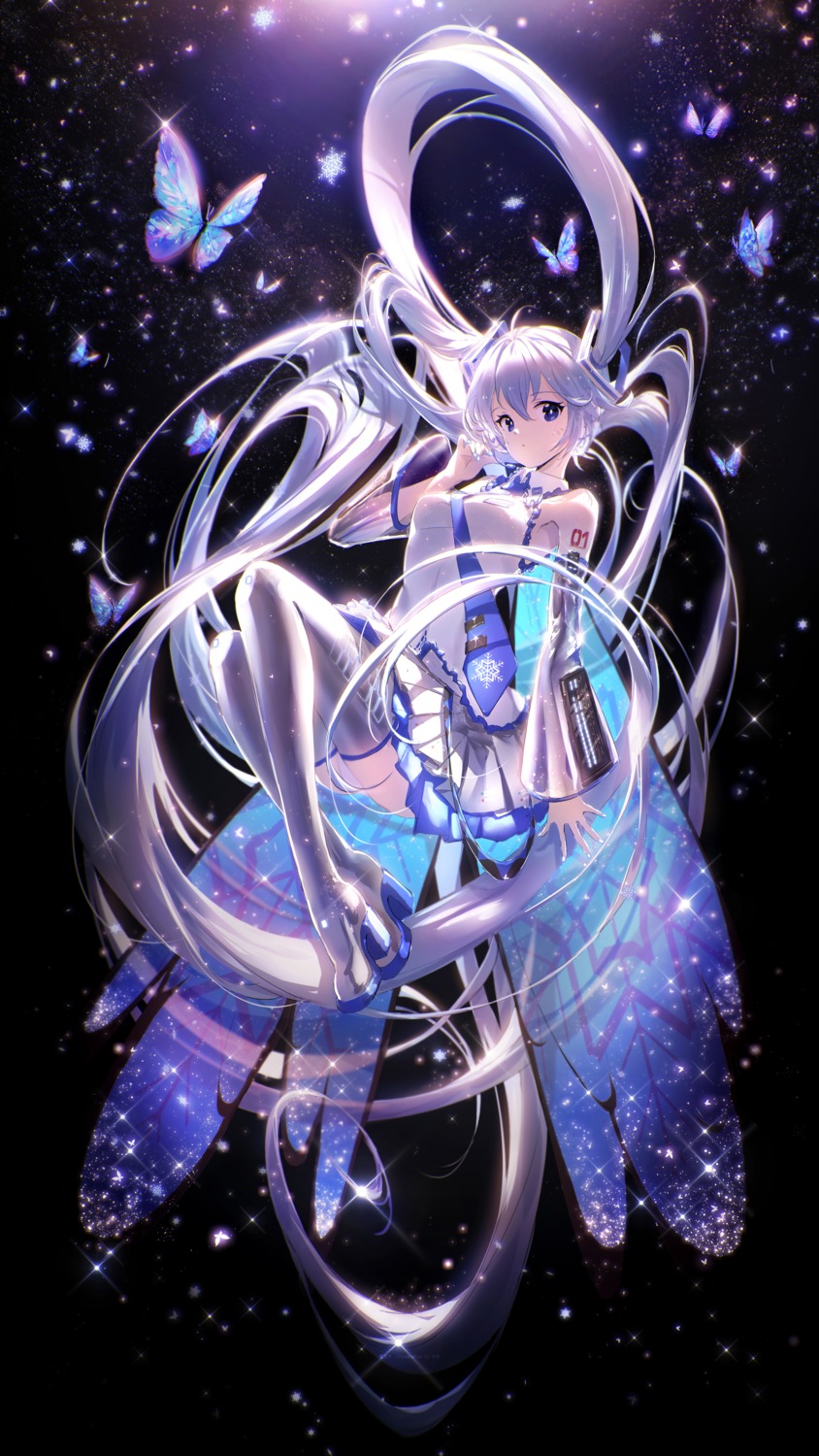 hatsune_miku heels lengchan_(fu626878068) skirt_lift tattoo thighhighs vocaloid wings yuki_miku