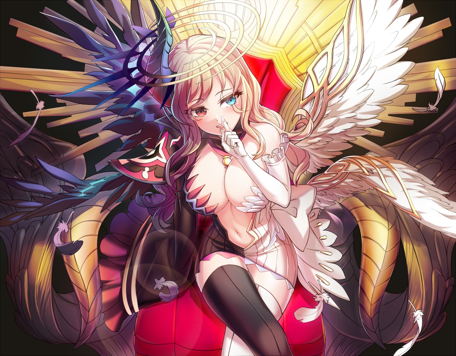 dress heterochromia horns no_bra sasa thighhighs wings