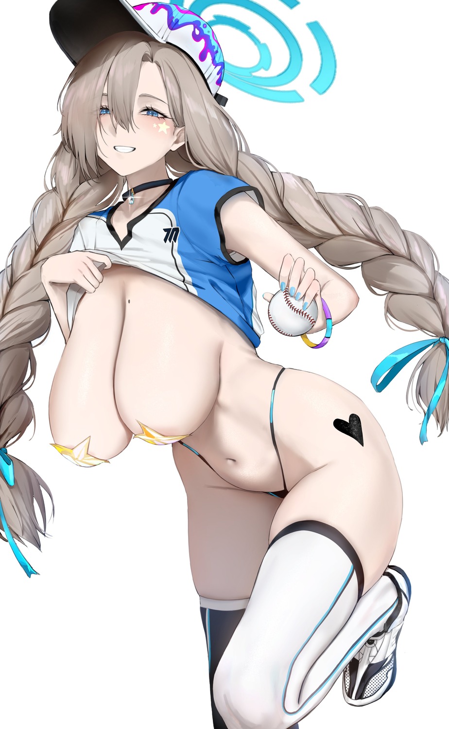 areola baseball blue_archive breasts halo ichinose_asuna no_bra pantsu pasties shirt_lift tattoo thighhighs thong tobiko undressing