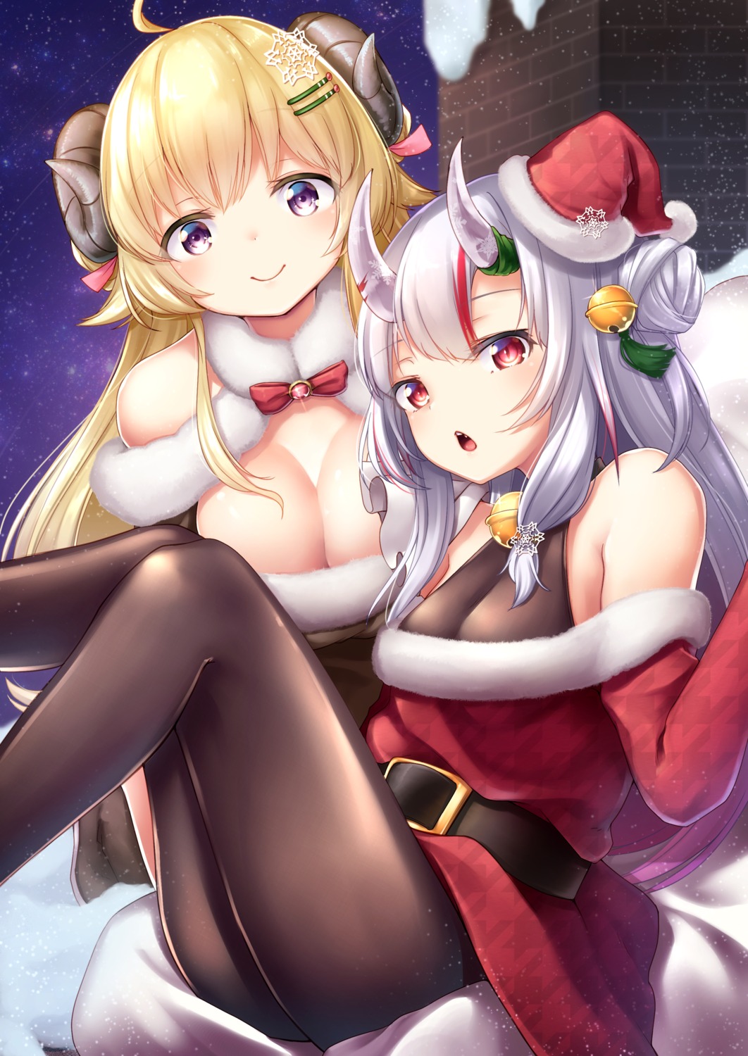 christmas hololive horns nakiri_ayame no_bra pantyhose skirt_lift tsunomaki_watame tukiyofree