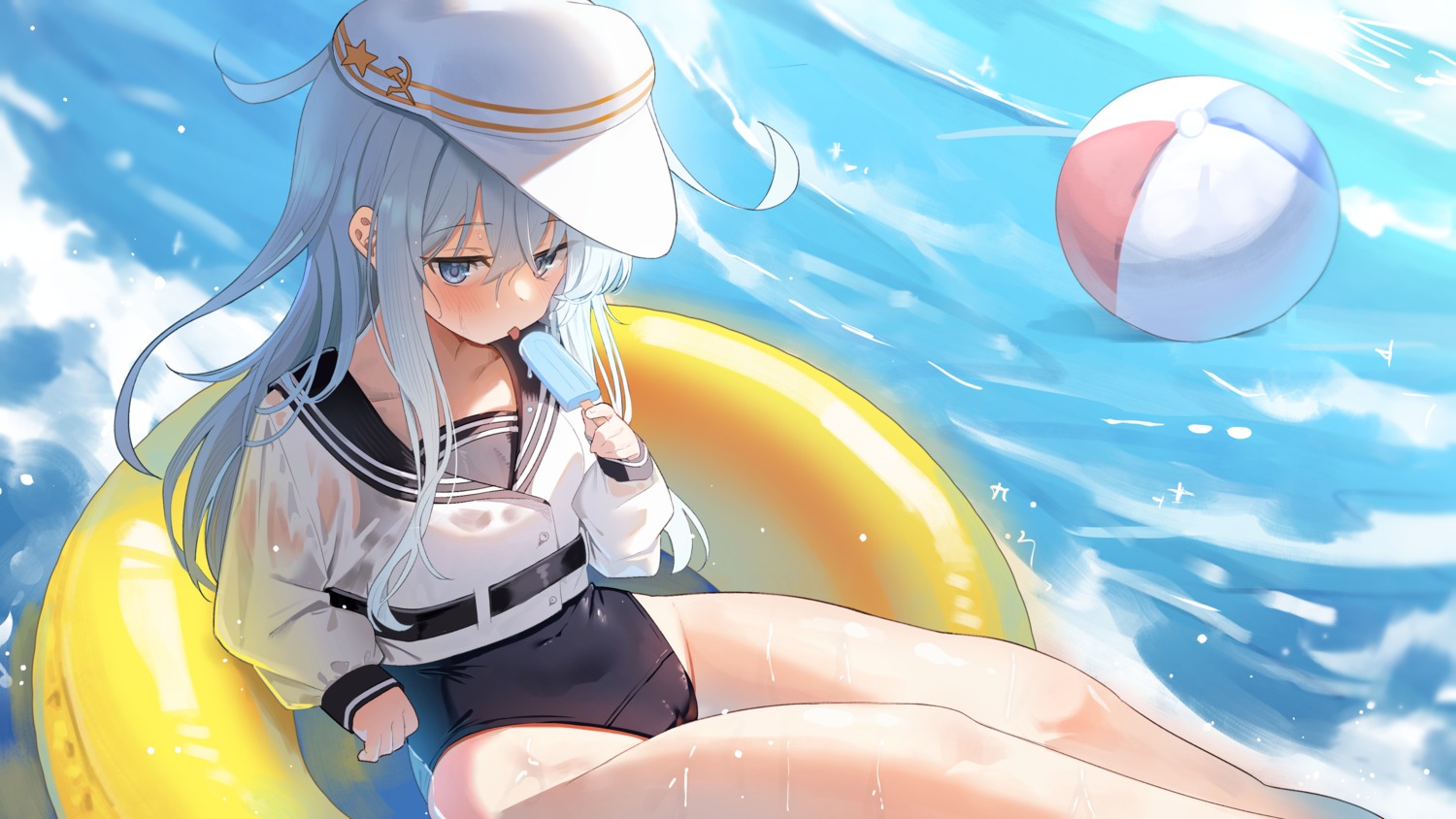 cameltoe hibiki_(kancolle) kantai_collection loli madai_(mappy) see_through seifuku swimsuits verniy_(kancolle) wet