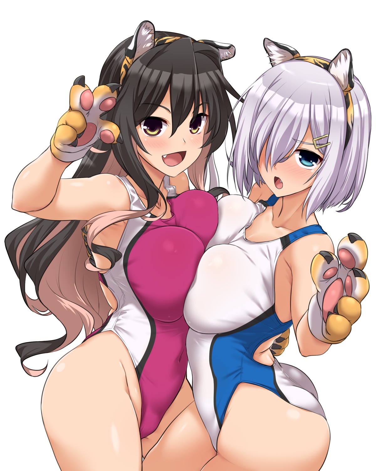 animal_ears ass hamakaze_(kancolle) kantai_collection naganami_(kancolle) see_through swimsuits symmetrical_docking yoshi_tama