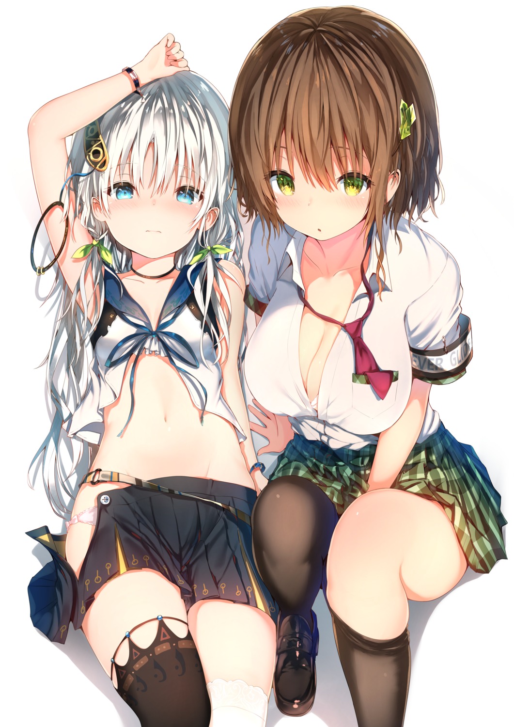 bra cleavage open_shirt pantsu seifuku skirt_lift sune_(mugendai) thighhighs