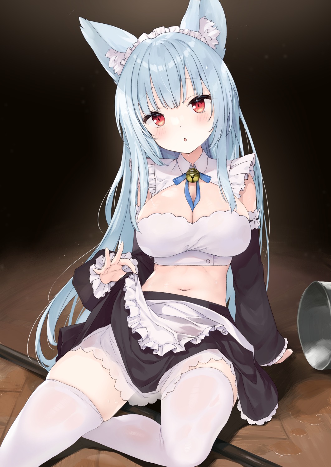 animal_ears maid no_bra ochinsama see_through thighhighs wet_clothes