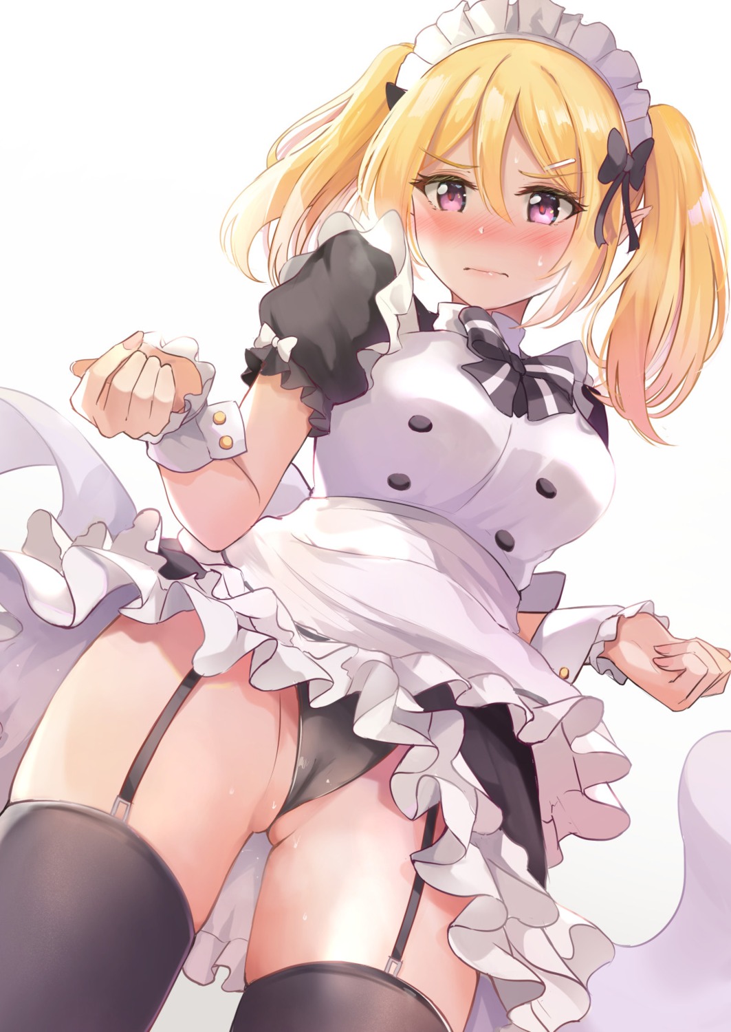 cameltoe kuroe_hanako maid pantsu pointy_ears princess_connect! princess_connect!_re:dive skirt_lift stockings tailam thighhighs thong