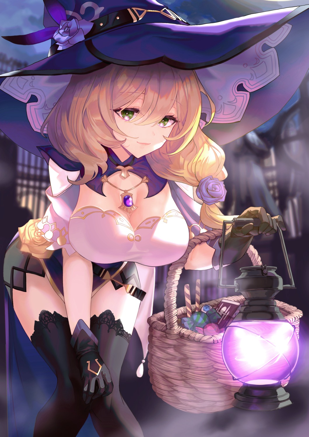 cleavage genshin_impact halloween kanashi_kumo lisa_(genshin_impact) thighhighs witch