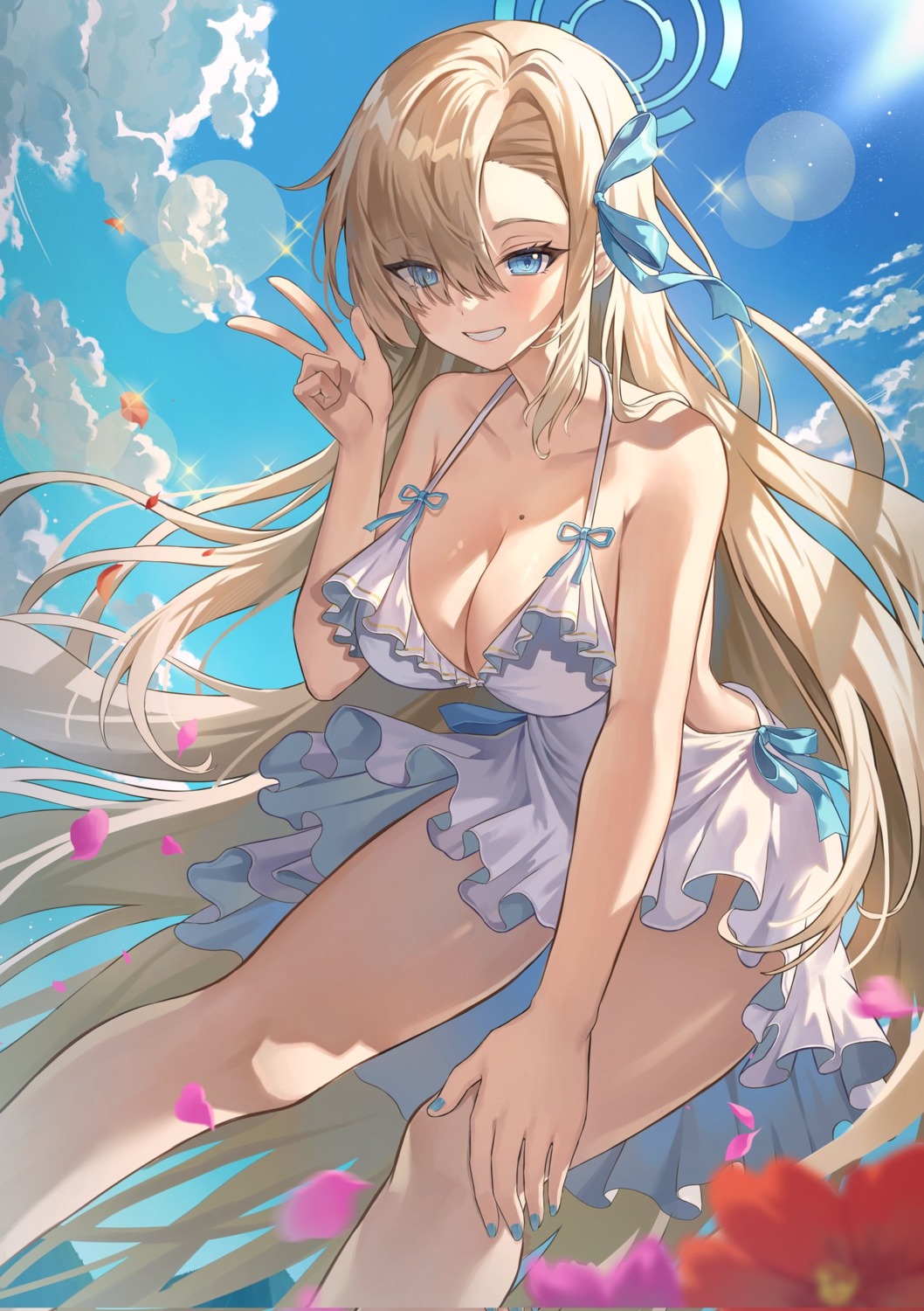 blue_archive dress greenapple halo ichinose_asuna no_bra skirt_lift summer_dress