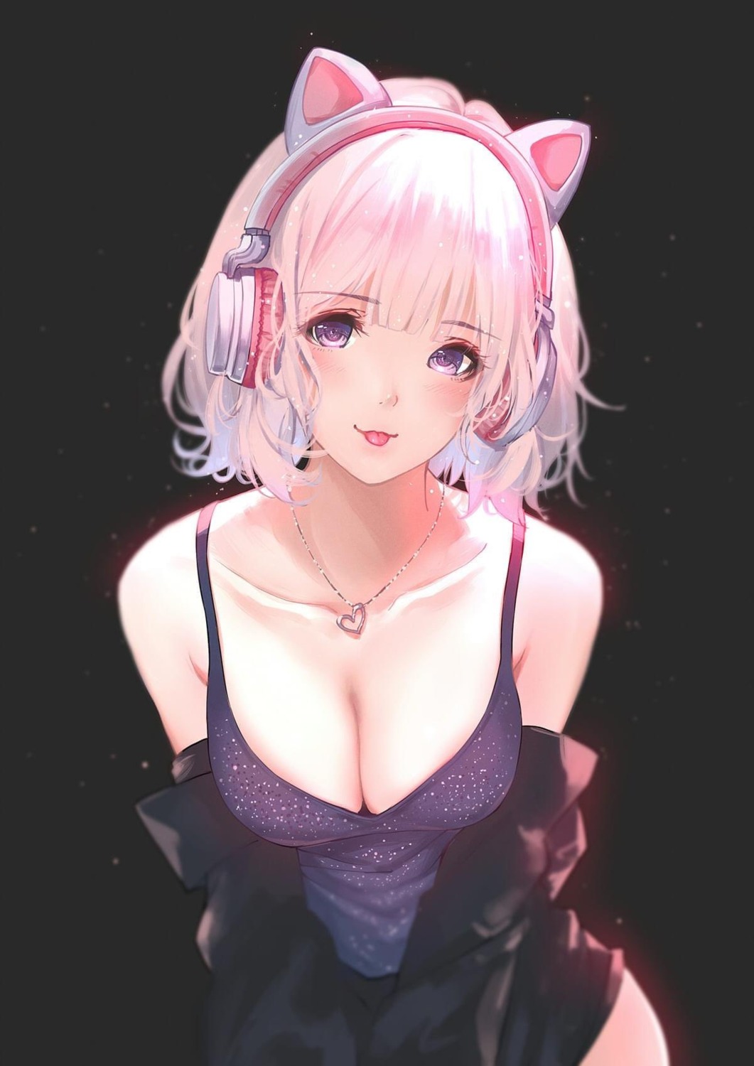 animal_ears caidychen cleavage headphones nekomimi no_bra