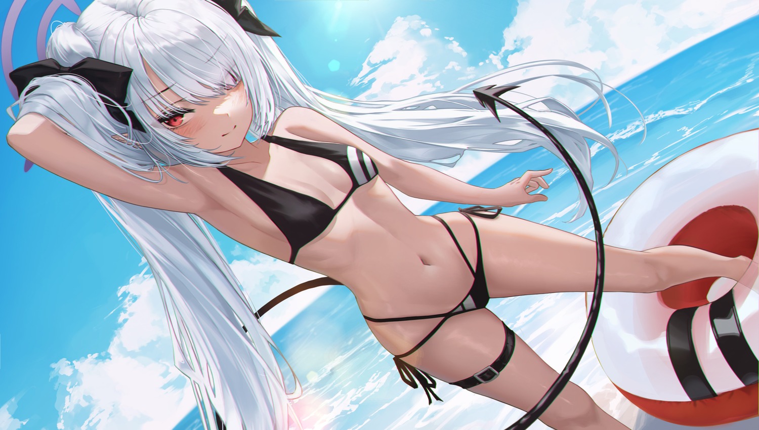 bikini blue_archive garter h2o_(dfo) halo pointy_ears shiromi_iori swimsuits tail