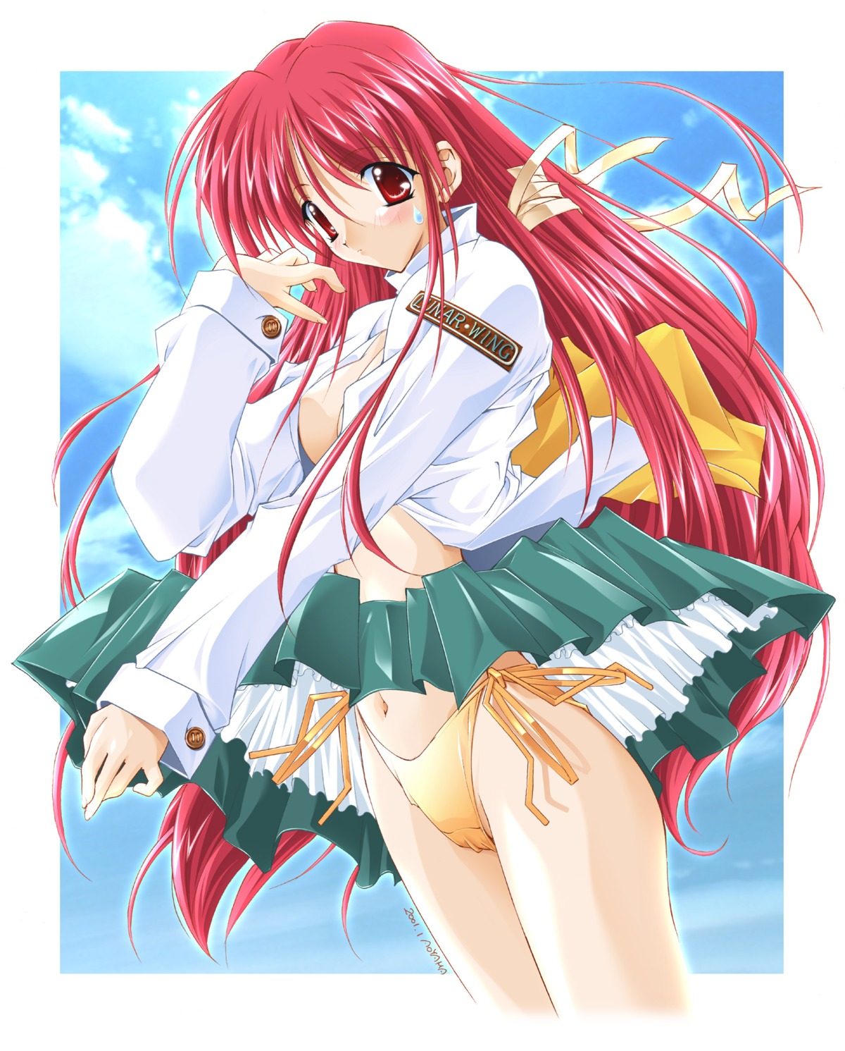 asuka_keisuke cecil_(lunar_wing) lunar_wing no_bra open_shirt pantsu skirt_lift string_panties