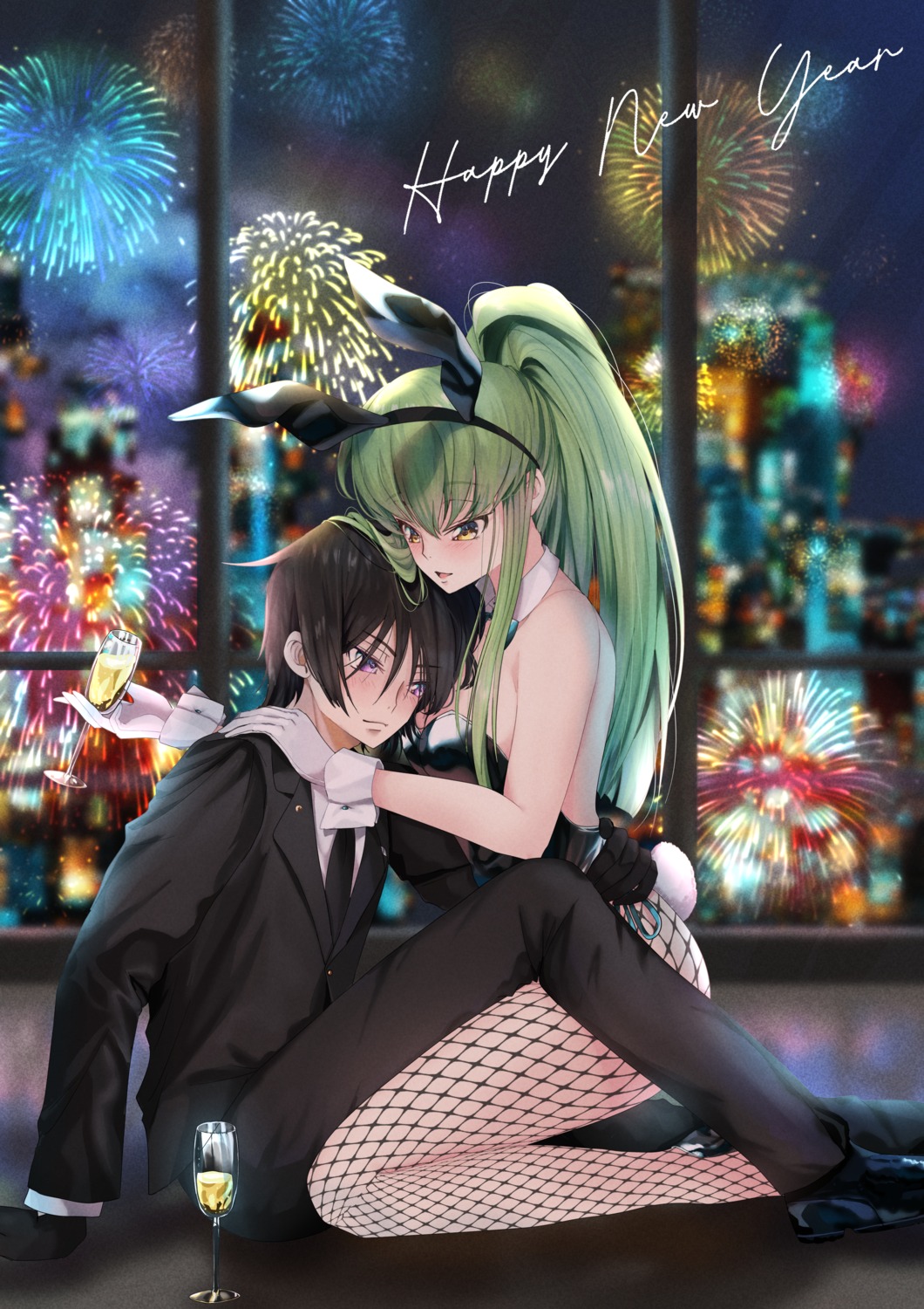 animal_ears budgie bunny_ears bunny_girl c.c. code_geass fishnets lelouch_lamperouge pantyhose tail