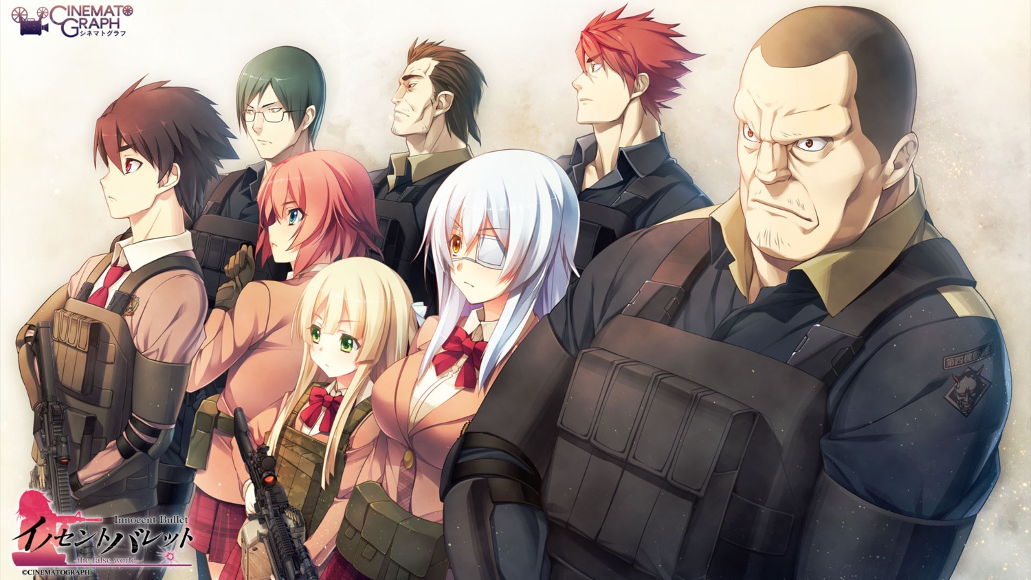 armor cinematograph eyepatch gun hayashizaki_manabu innocent_bullet kanzaki_sayaka katakura_mitsugi megane miyasu_sanae nachi_yuuji ookouchi_kunio oosaki_shinya seifuku sugie_ryou wallpaper yasouji_ai