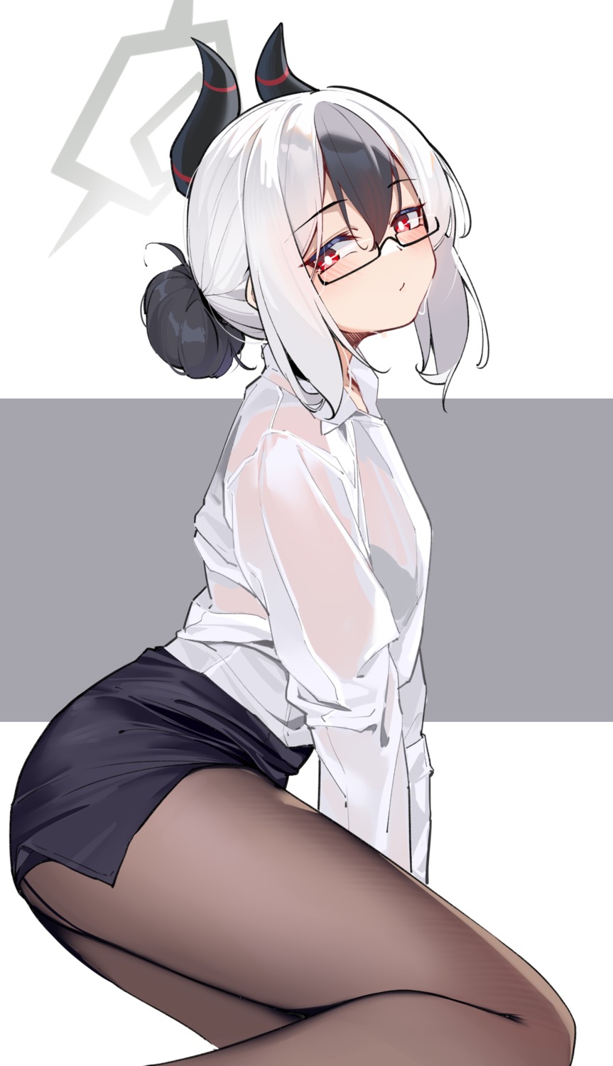 blue_archive bra dress_shirt halo horns megane onikata_kayoko painterliuhao pantyhose see_through skirt_lift