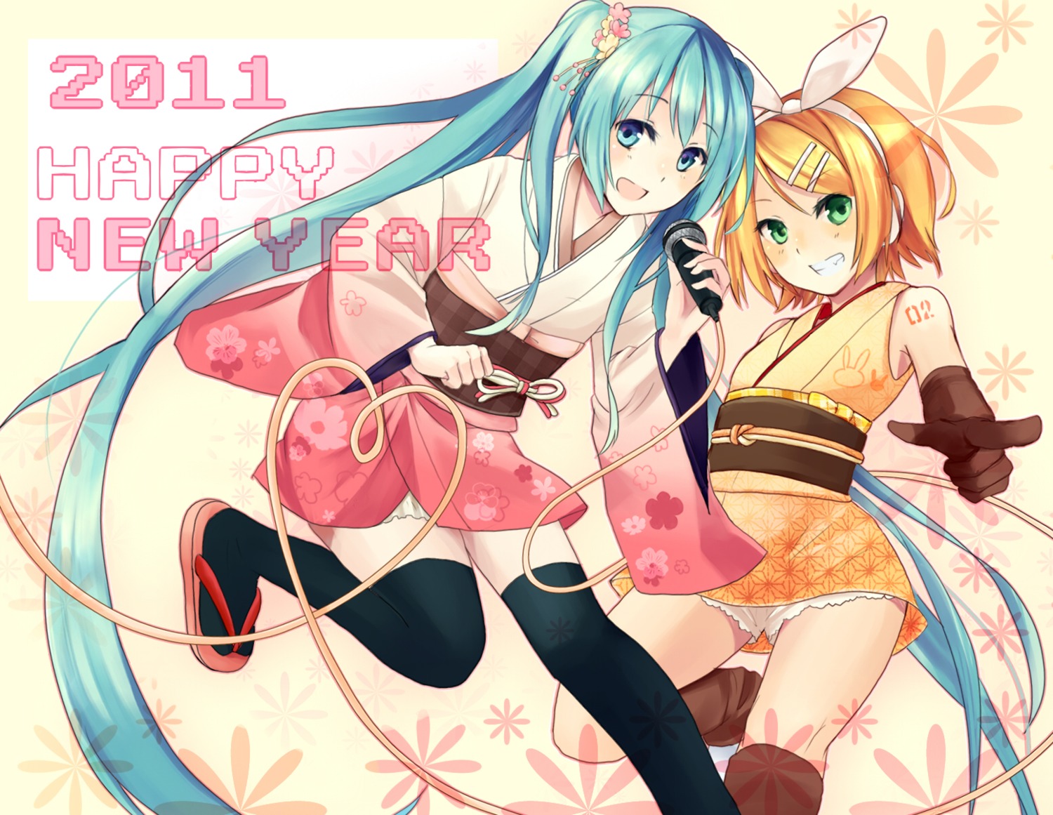 hatsune_miku kagamine_rin kimono lolita_fashion thighhighs vocaloid wa_lolita wadaka