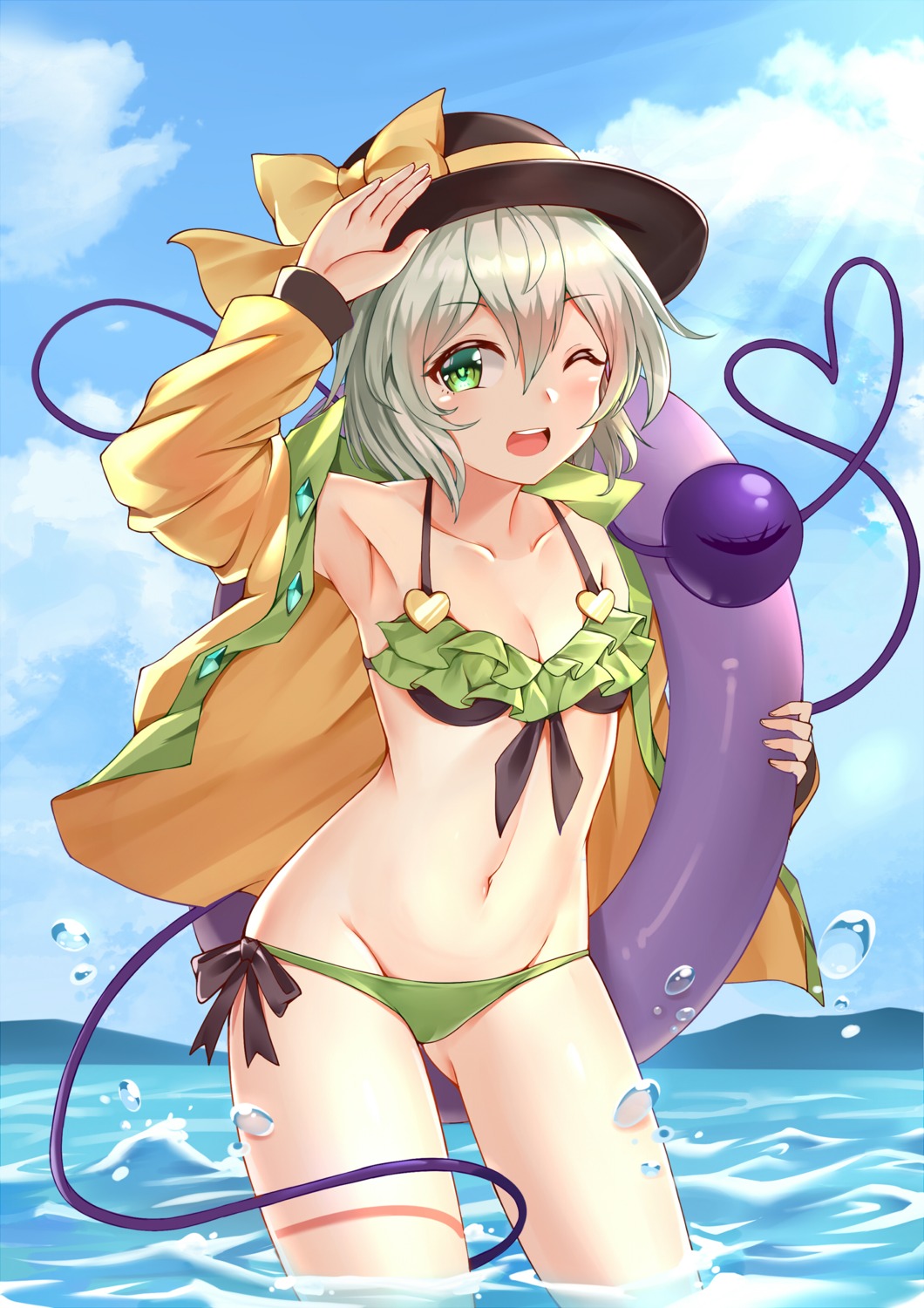 bikini bushi_(1622035441) cleavage komeiji_koishi open_shirt swimsuits touhou wet