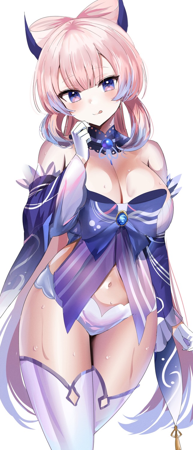 genshin_impact hanasaka_houcha horns no_bra pantsu sangonomiya_kokomi thighhighs wet