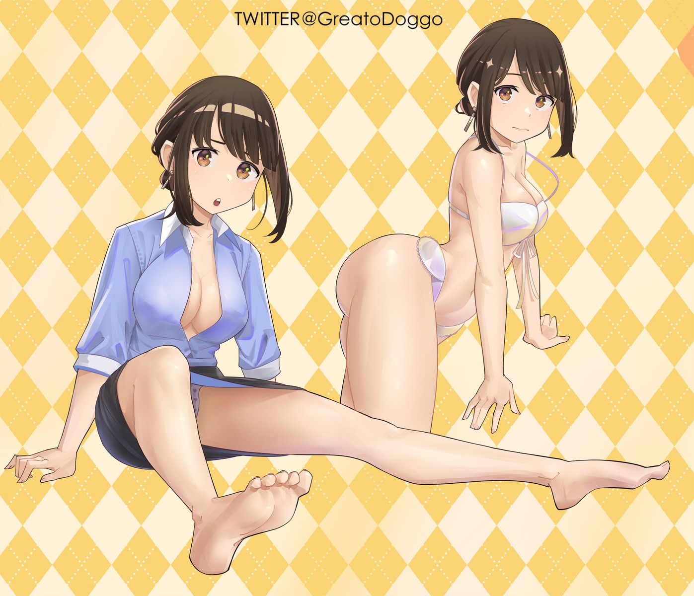 bikini dress_shirt feet ganbare_douki-chan greatodoggo no_bra open_shirt pantsu skirt_lift swimsuits