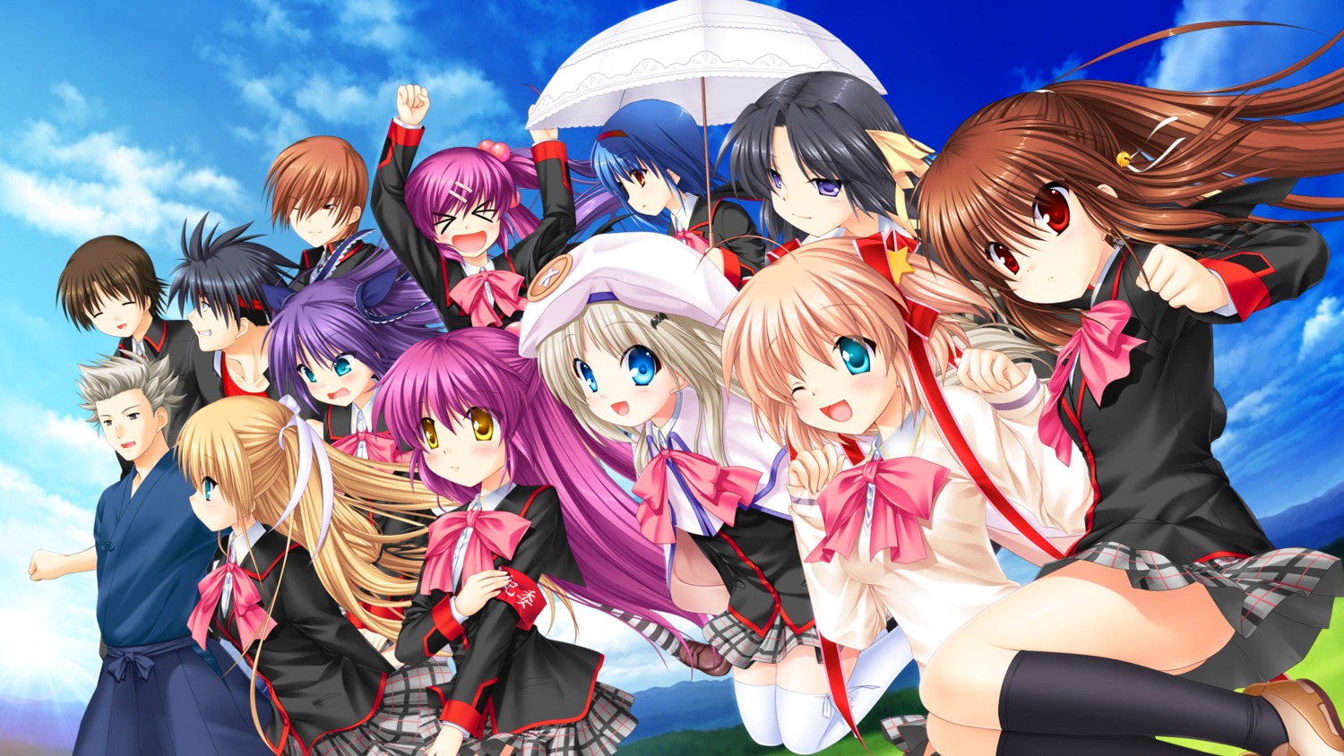 futaki_kanata hinoue_itaru inohara_masato japanese_clothes kamikita_komari key kurugaya_yuiko little_busters! miyazawa_kengo na-ga naoe_riki natsume_kyosuke natsume_rin nishizono_mio noumi_kudryavka saigusa_haruka sasasegawa_sasami seifuku sweater thighhighs tokido_saya umbrella wallpaper