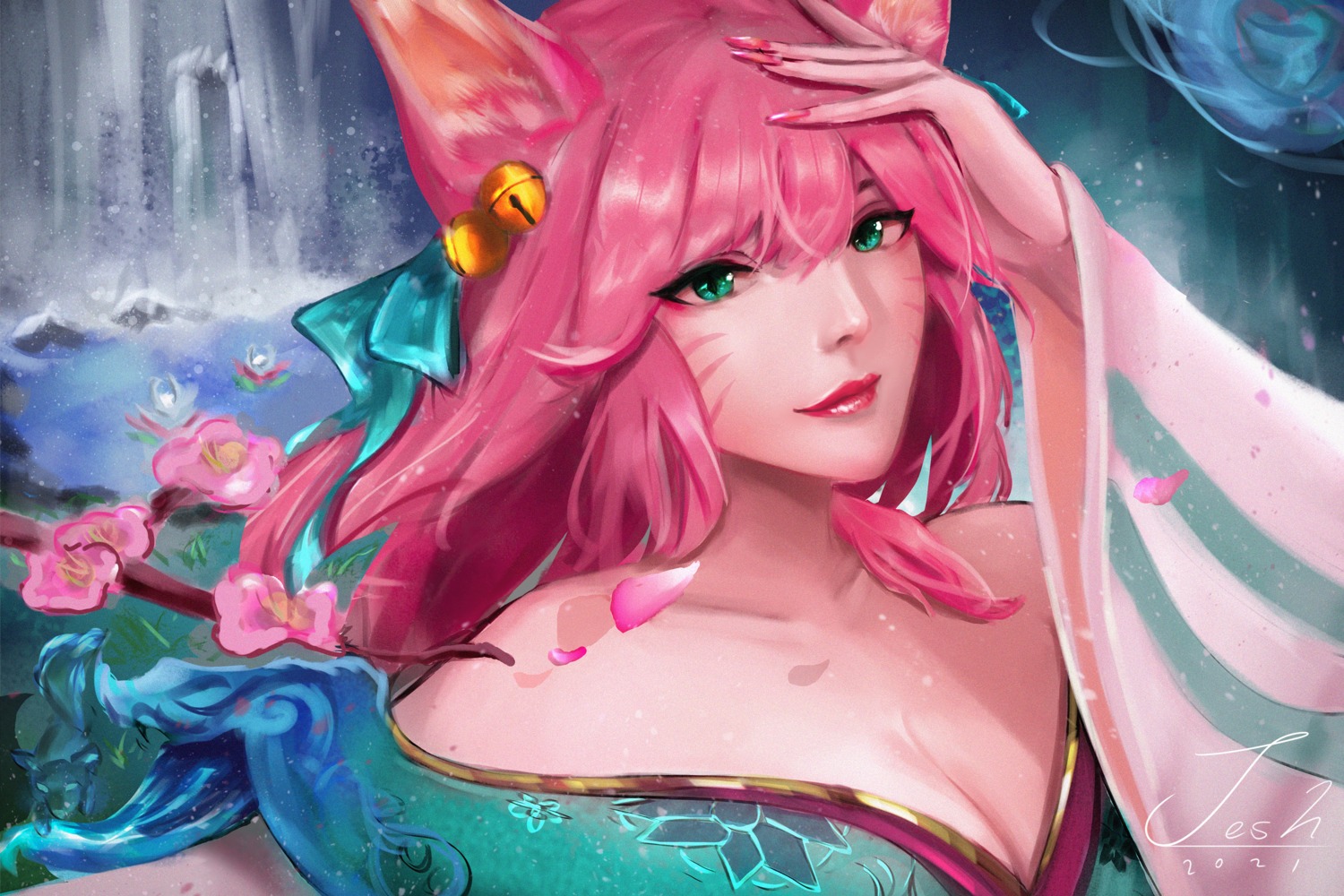 ahri animal_ears cleavage japanese_clothes kitsune league_of_legends no_bra open_shirt tagme