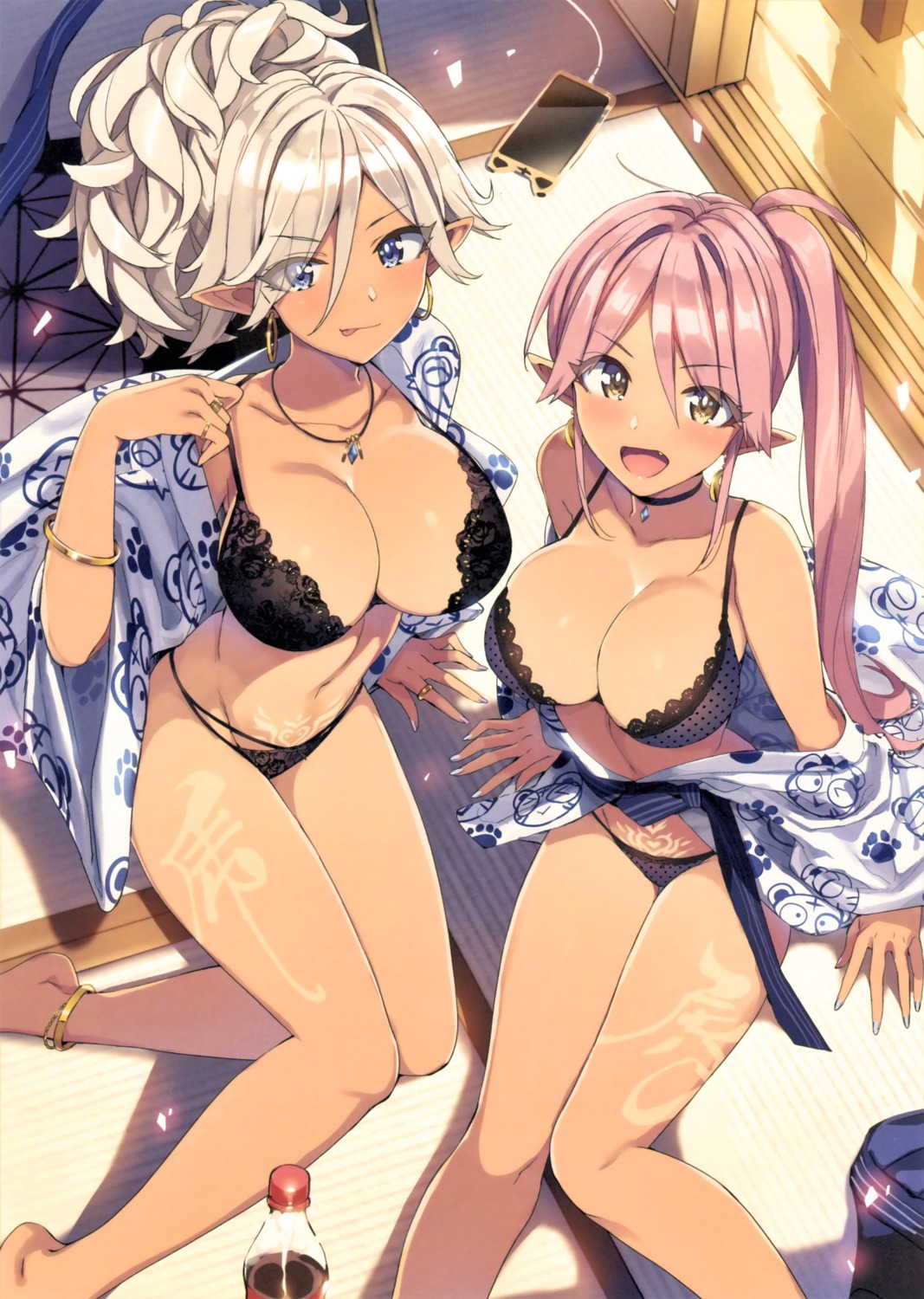 bra cleavage elf open_shirt pantsu pointy_ears takuji tattoo toranoana yukata