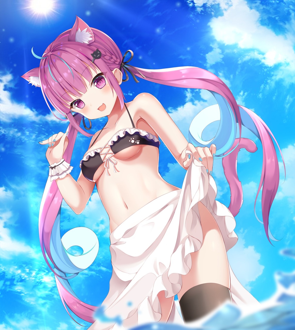 animal_ears bikini_top hololive minato_aqua nekomimi skirt_lift swimsuits tail tamajiang_lv2 thighhighs underboob wet