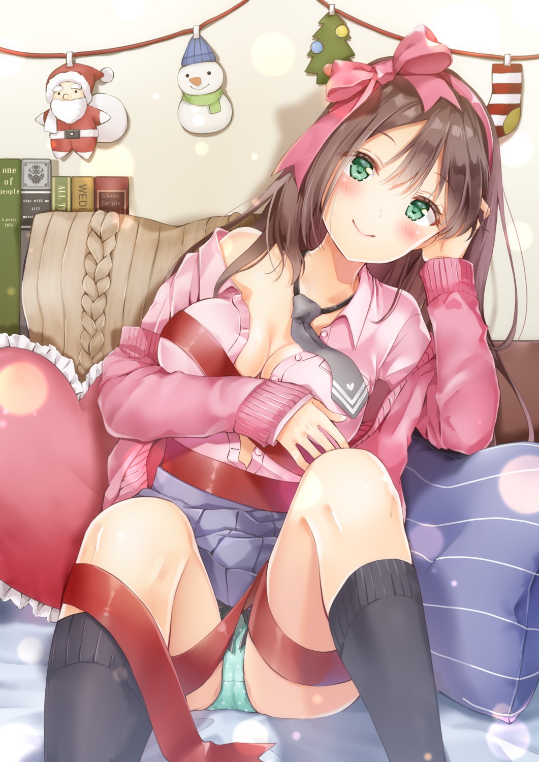 breast_hold cameltoe christmas cleavage no_bra open_shirt pantsu skirt_lift sweater yoshida_iyo