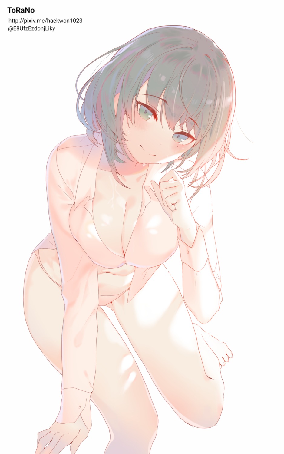 breast_hold cleavage dress_shirt heterochromia no_bra open_shirt pantsu takagaki_kaede the_idolm@ster the_idolm@ster_cinderella_girls torano wet