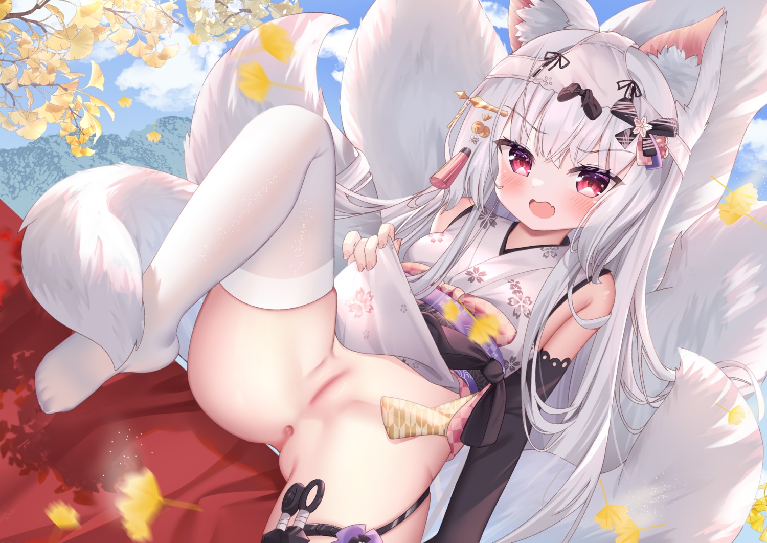 animal_ears anus garter hiyada_yuu japanese_clothes kitsune loli pussy skirt_lift tail thighhighs uncensored weapon