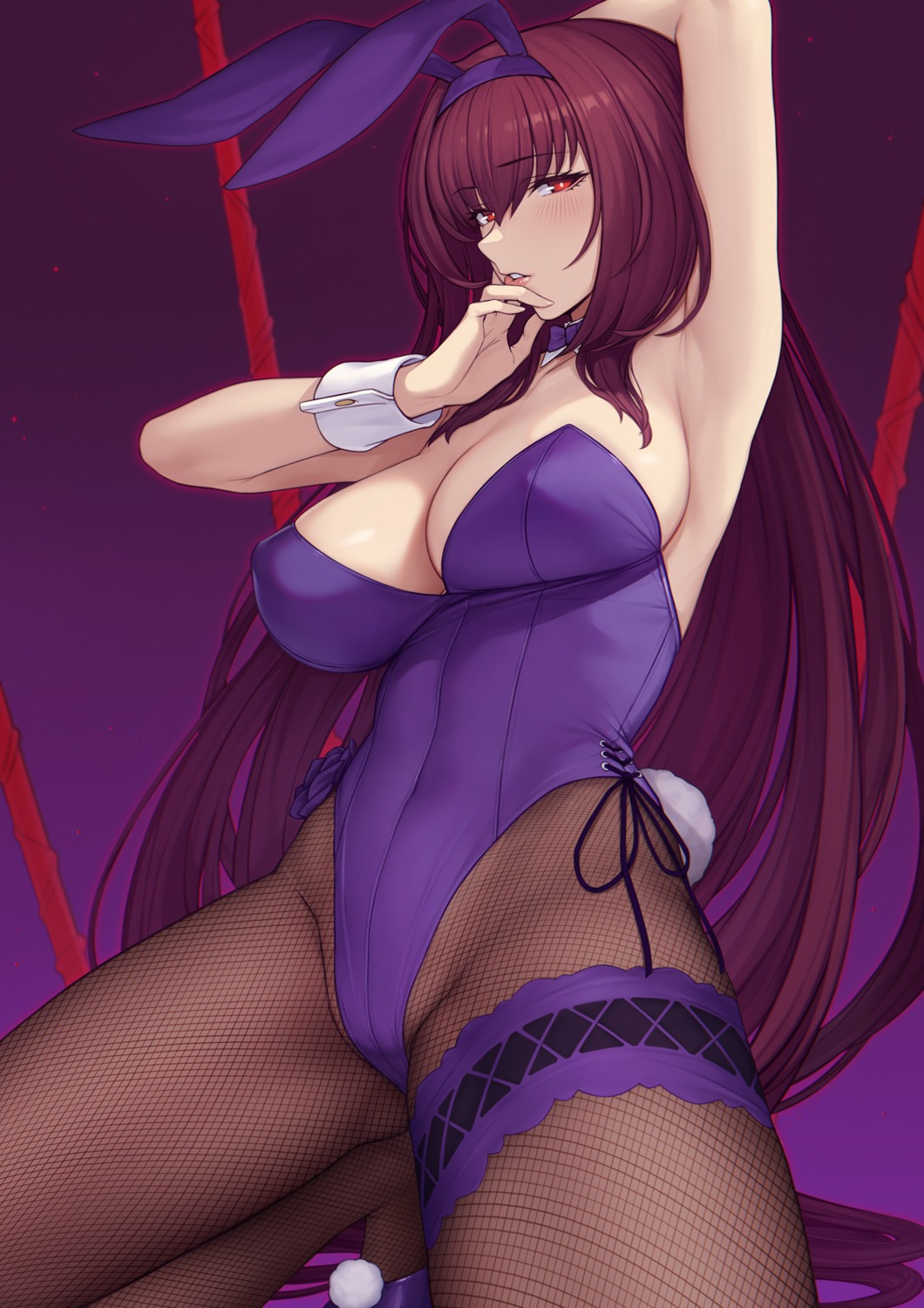 animal_ears bunny_ears bunny_girl erect_nipples evan_yang fate/grand_order fishnets garter no_bra pantyhose scathach_(fate/grand_order) tail