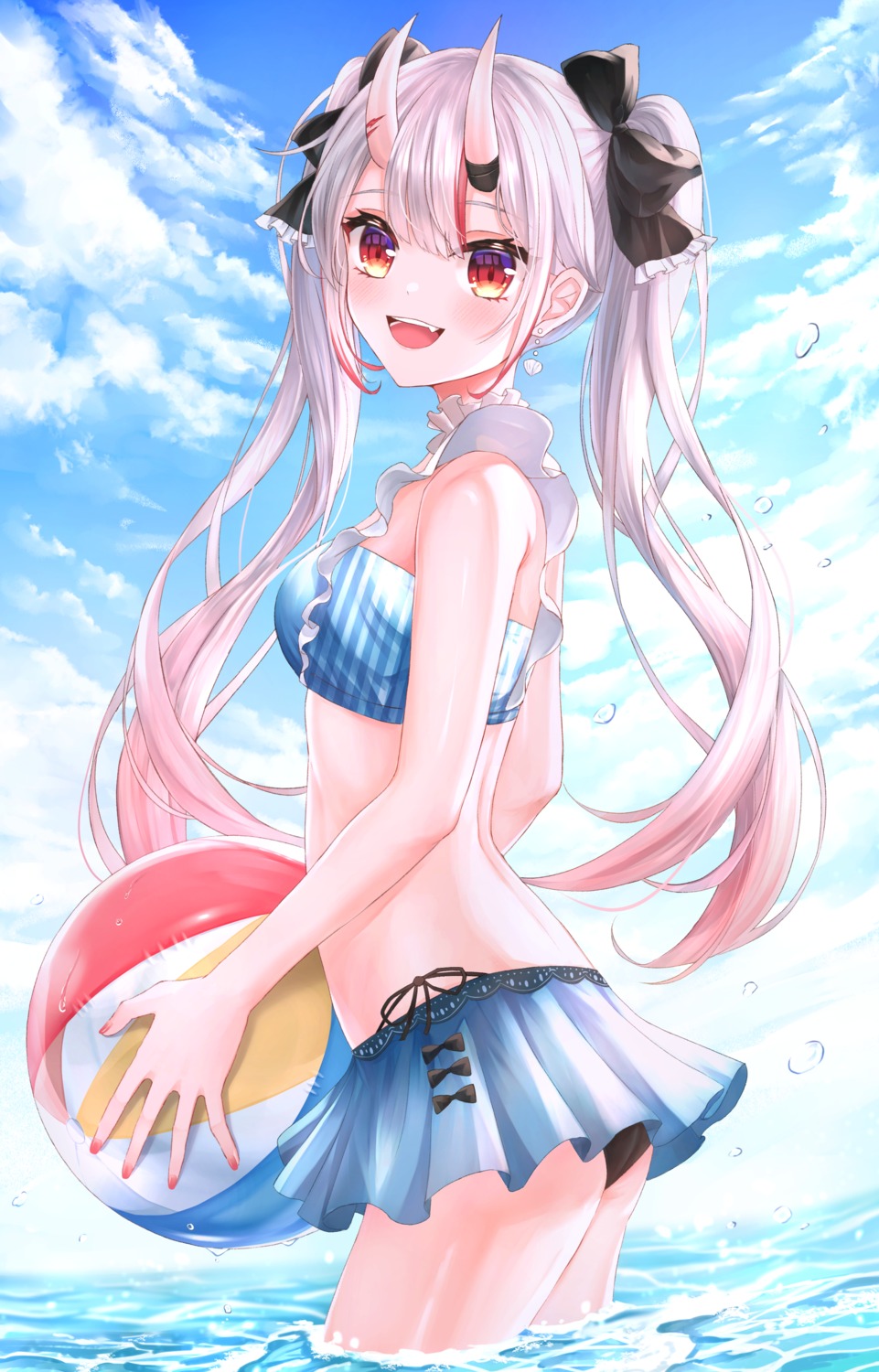 ass bikini hololive horns karashi_(asarikarasi) nakiri_ayame swimsuits wet