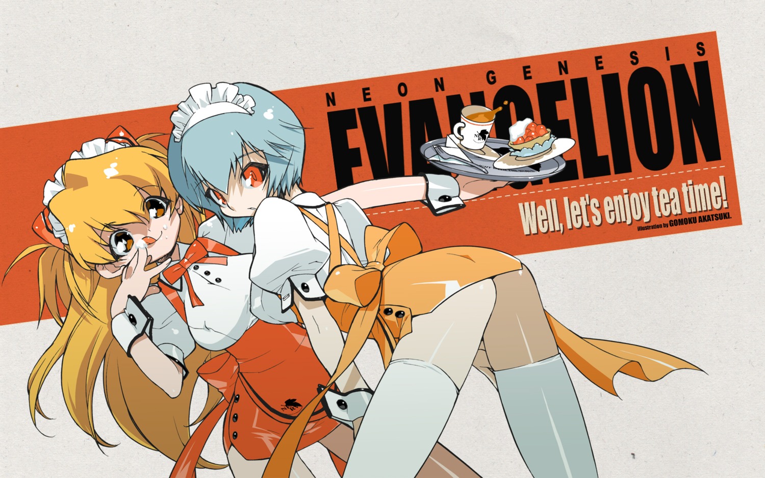 akatsuki_gomoku ayanami_rei erect_nipples neon_genesis_evangelion souryuu_asuka_langley thighhighs waitress wallpaper