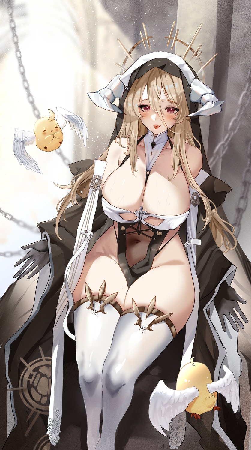 azur_lane horns implacable_(azur_lane) manjuu_(azur_lane) no_bra nun skyfracture thighhighs wings