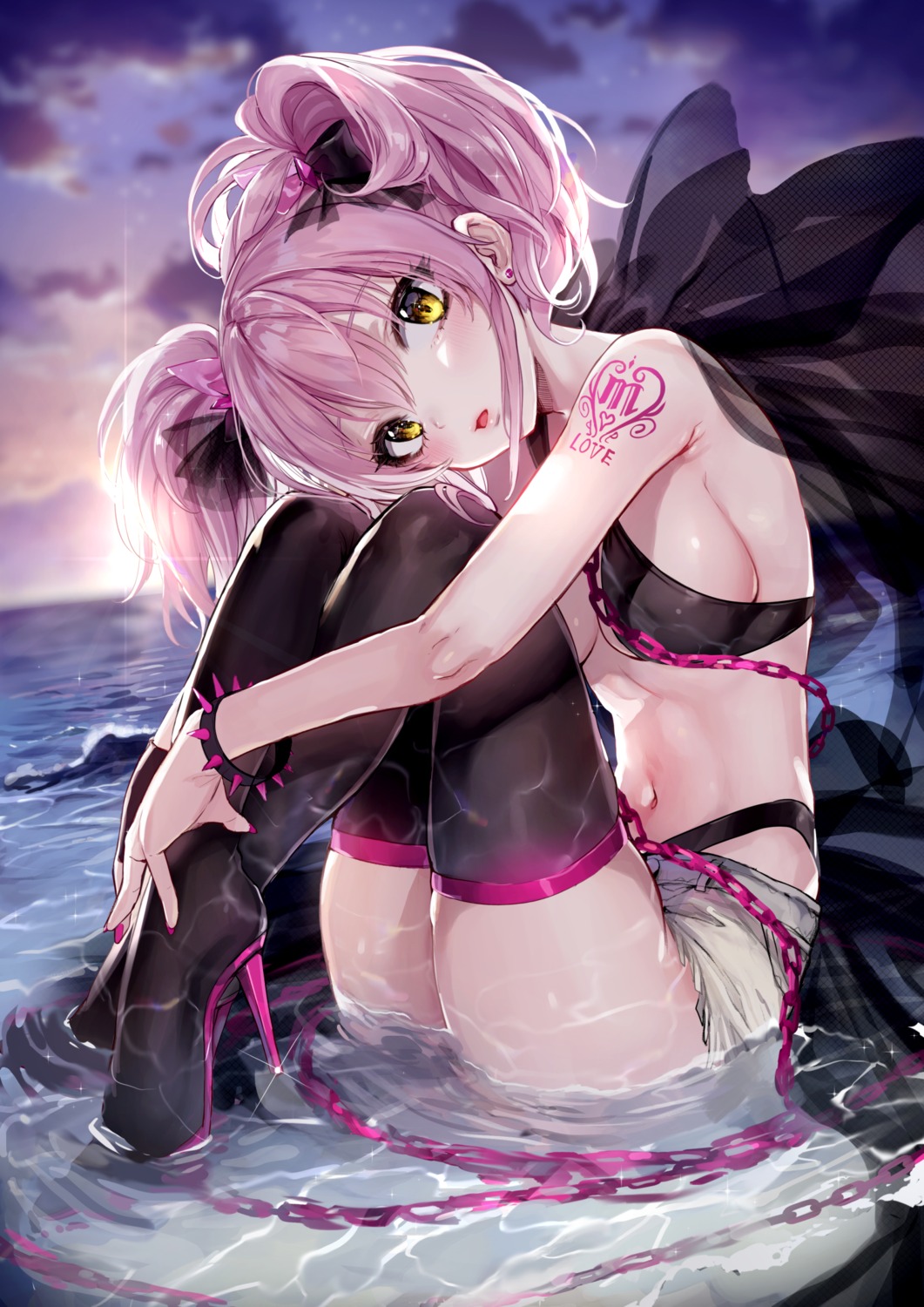 bikini heels jougasaki_mika nekometaru swimsuits tattoo the_idolm@ster the_idolm@ster_cinderella_girls thighhighs wet