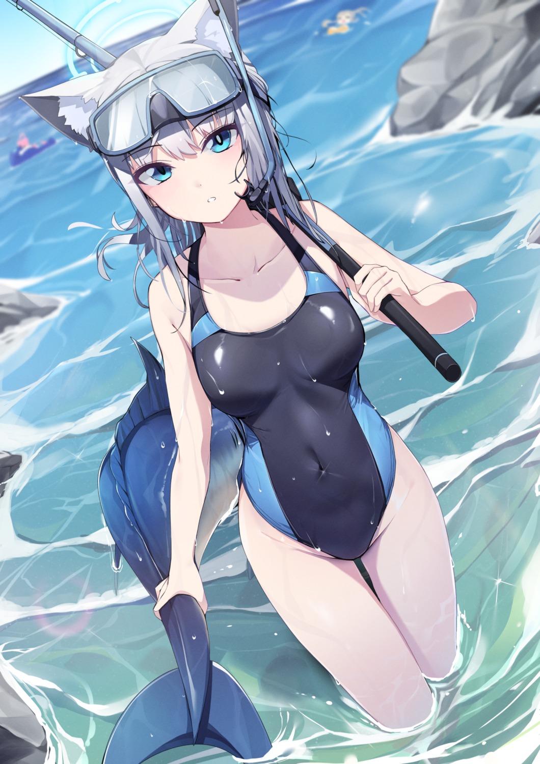 animal_ears blue_archive ddangbi halo nekomimi sunaookami_shiroko swimsuits wet