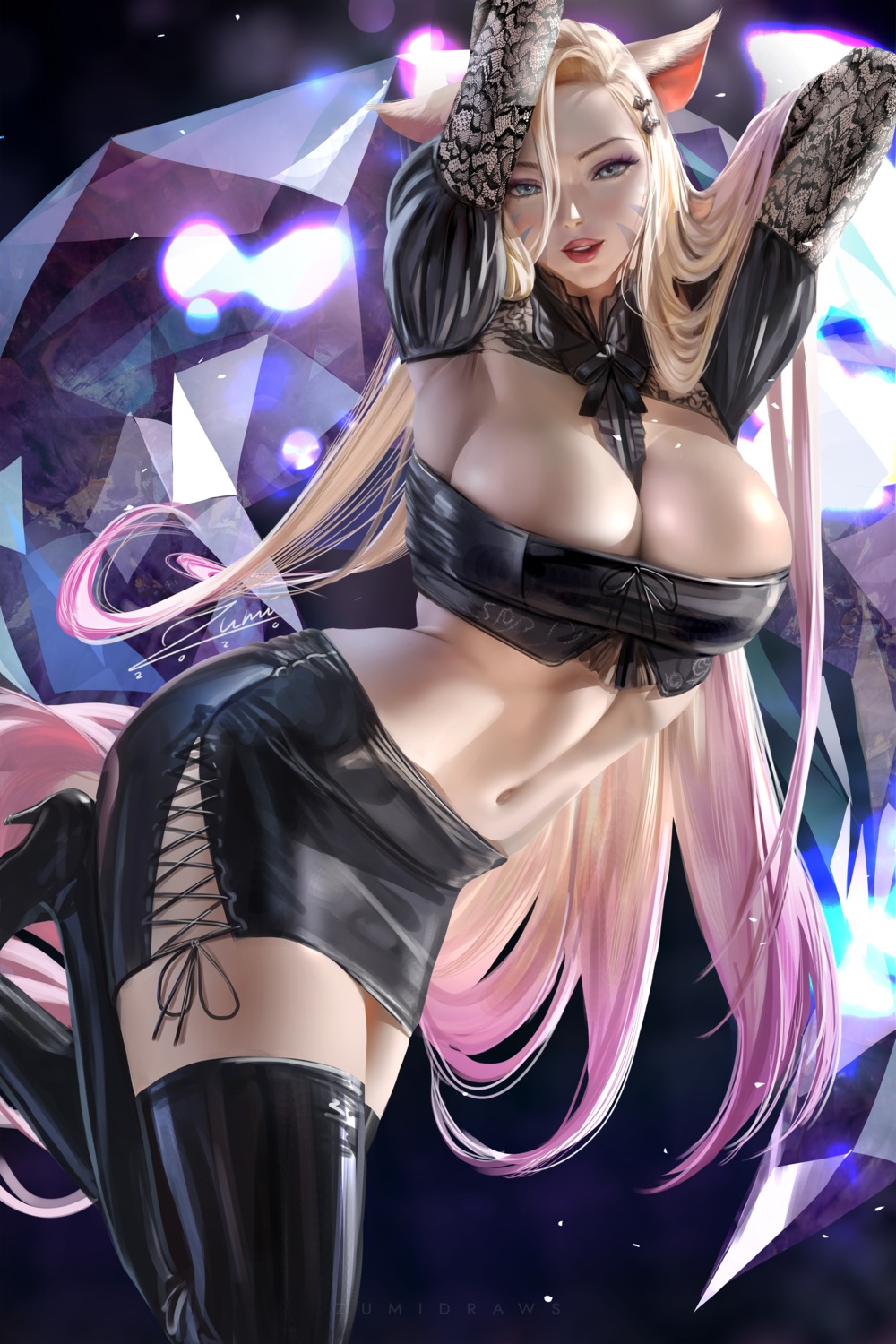 ahri animal_ears heels kitsune league_of_legends no_bra tail thighhighs zumi_(zumidraws)