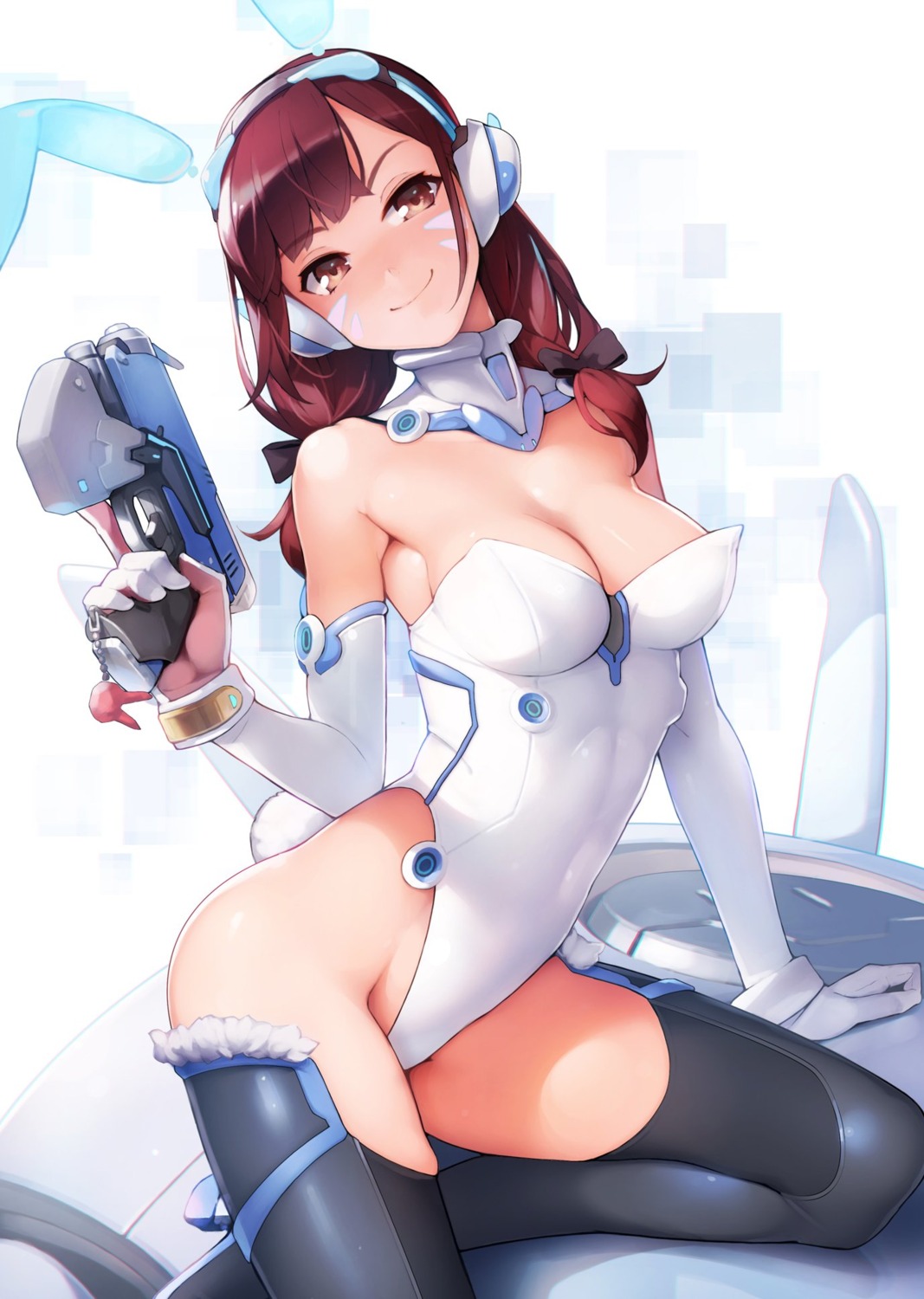 animal_ears ataruman bunny_ears bunny_girl cleavage d.va gun headphones heels overwatch tail thighhighs