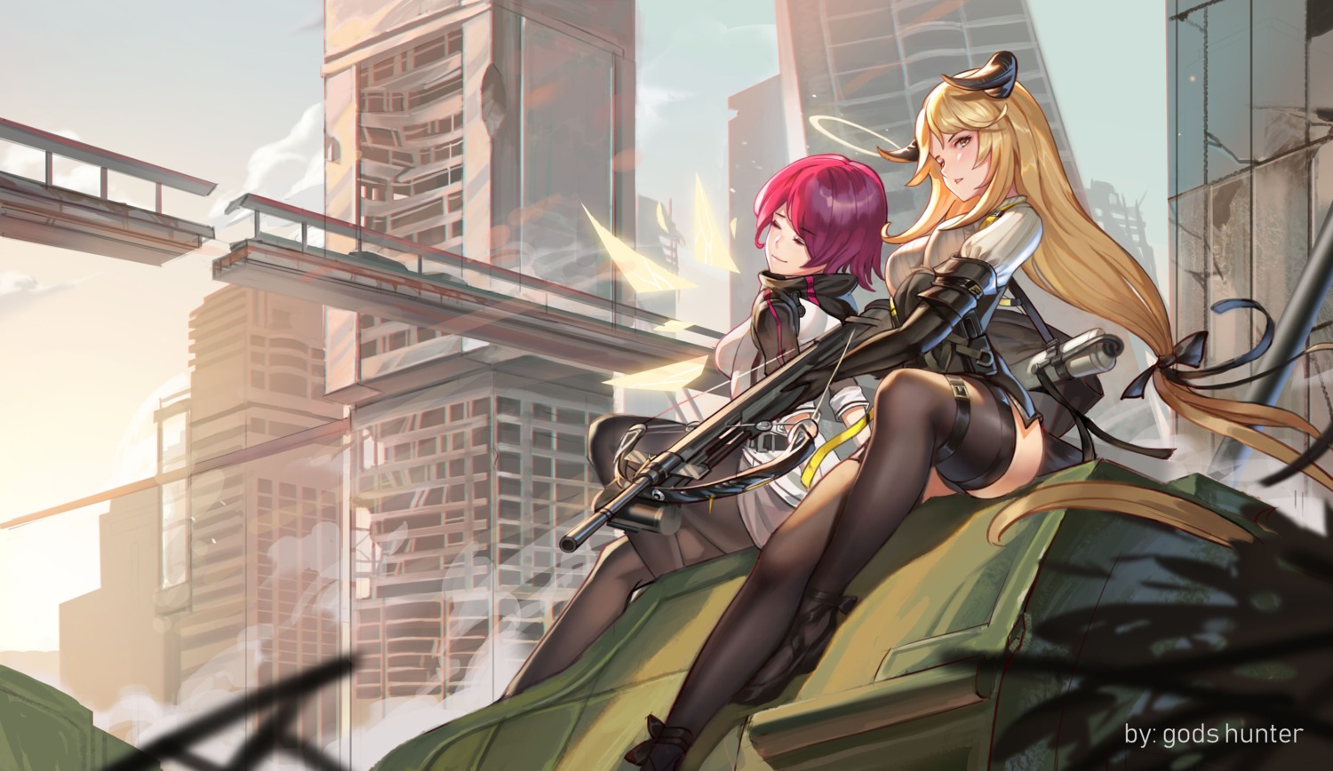 arknights exusiai_(arknights) garter god_hunter gun heels horns meteorite_(arknights) pantyhose thighhighs