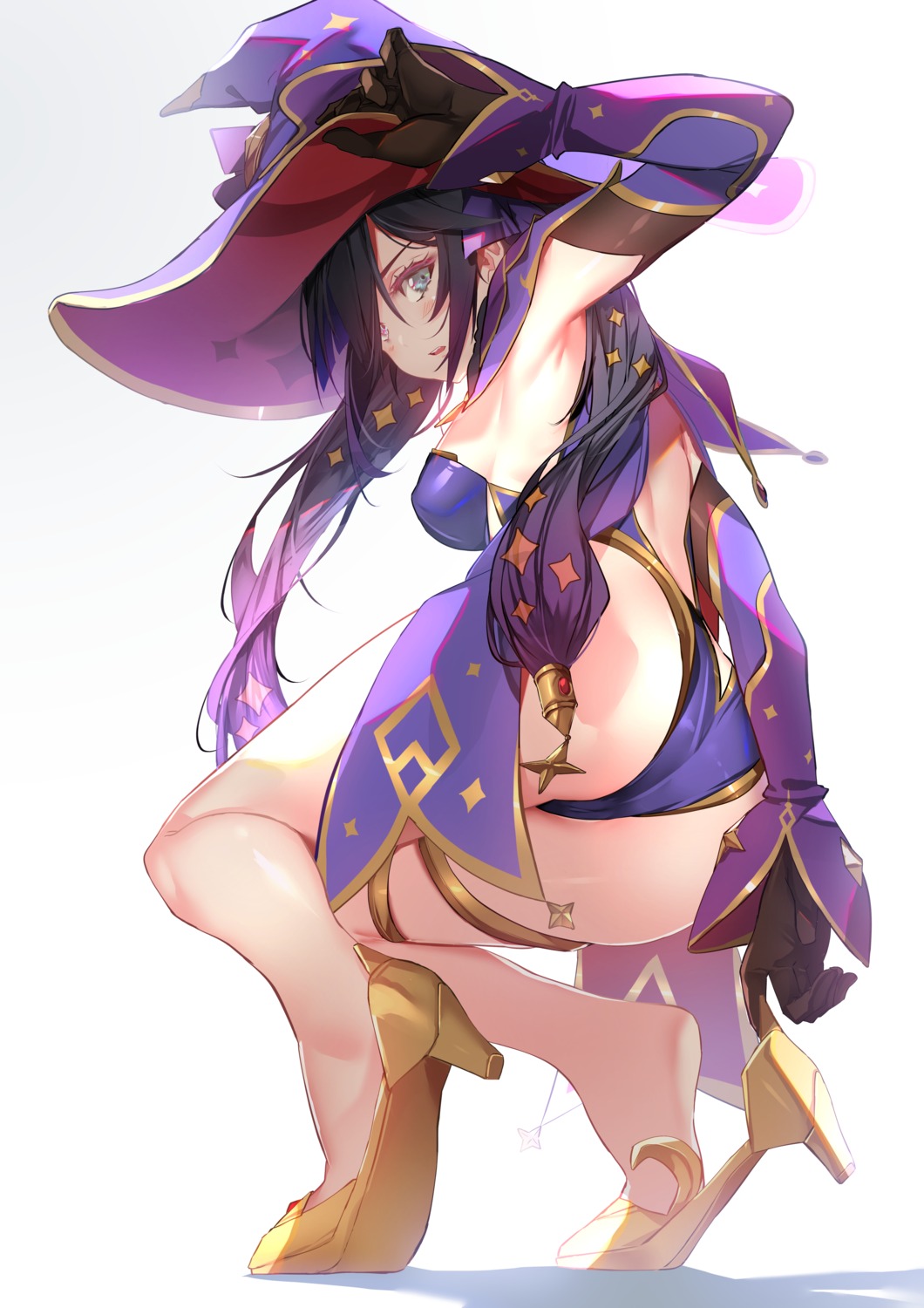 ass garter genshin_impact heels leotard mona_megistus no_bra sydus witch