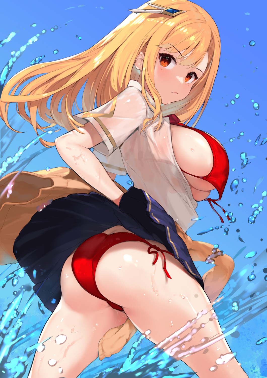 bikini ikumu_kirikawa open_shirt see_through skirt_lift swimsuits