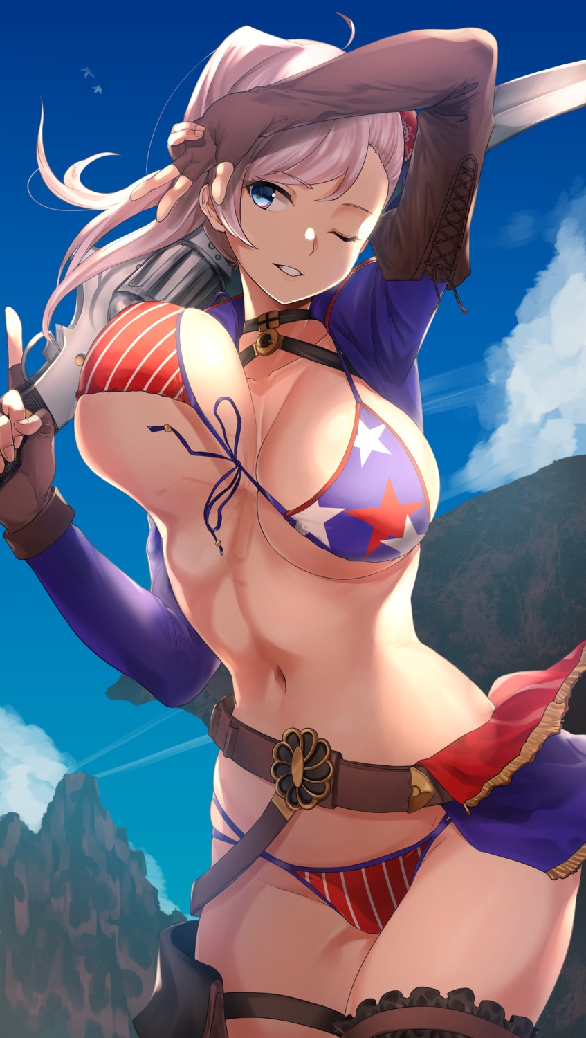 bikini fate/grand_order garter gun hotate-chan miyamoto_musashi_(fate/grand_order) swimsuits sword underboob