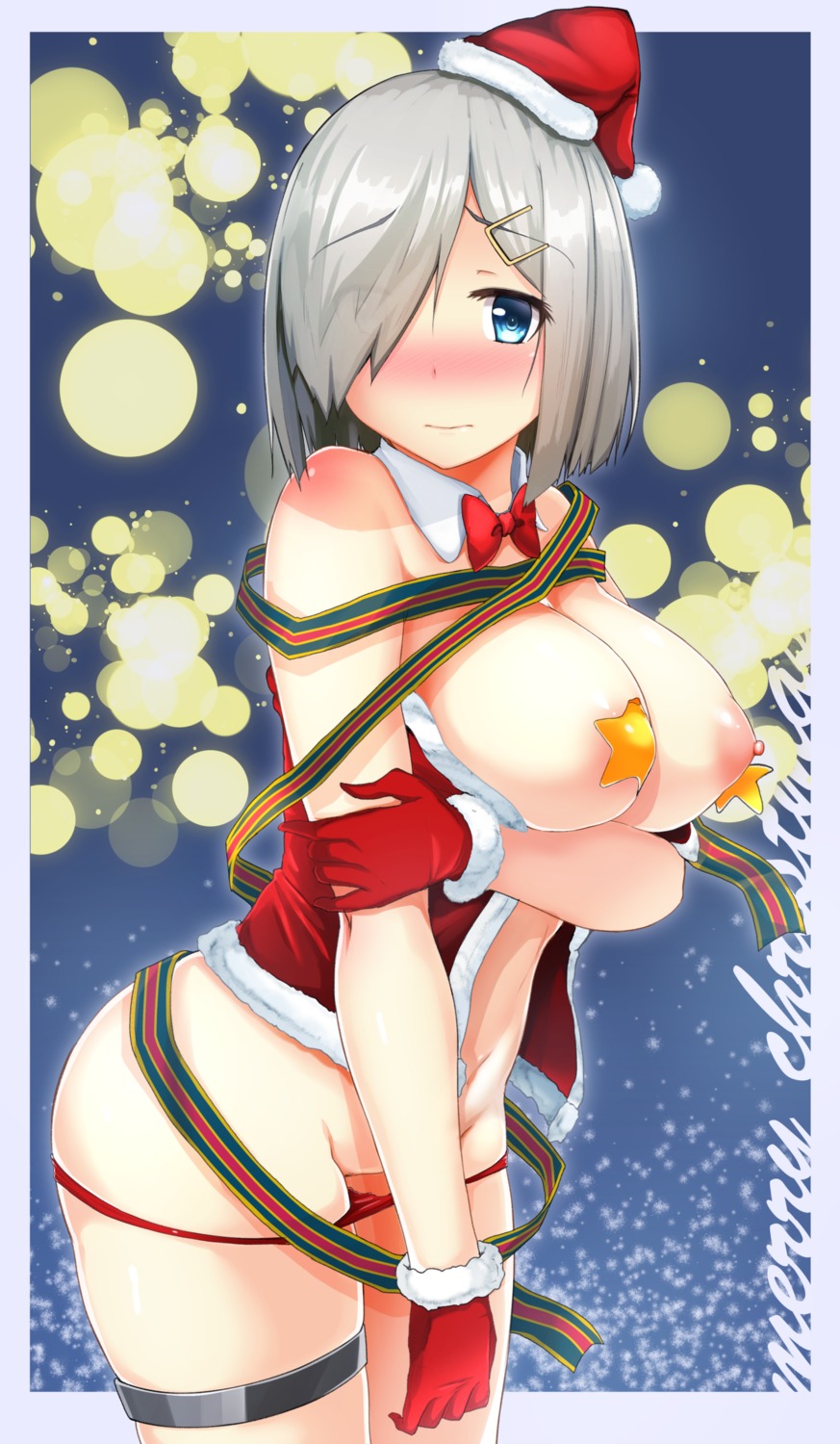 breast_hold breasts christmas garter hamakaze_(kancolle) kantai_collection nipples no_bra open_shirt pantsu panty_pull pasties yuna_(spn28u79)