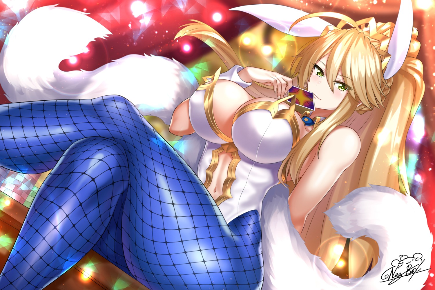 animal_ears artoria_pendragon_(lancer) artoria_pendragon_(swimsuit_ruler)_(fate) bunny_ears bunny_girl erect_nipples fate/grand_order fishnets nez-box no_bra pantyhose