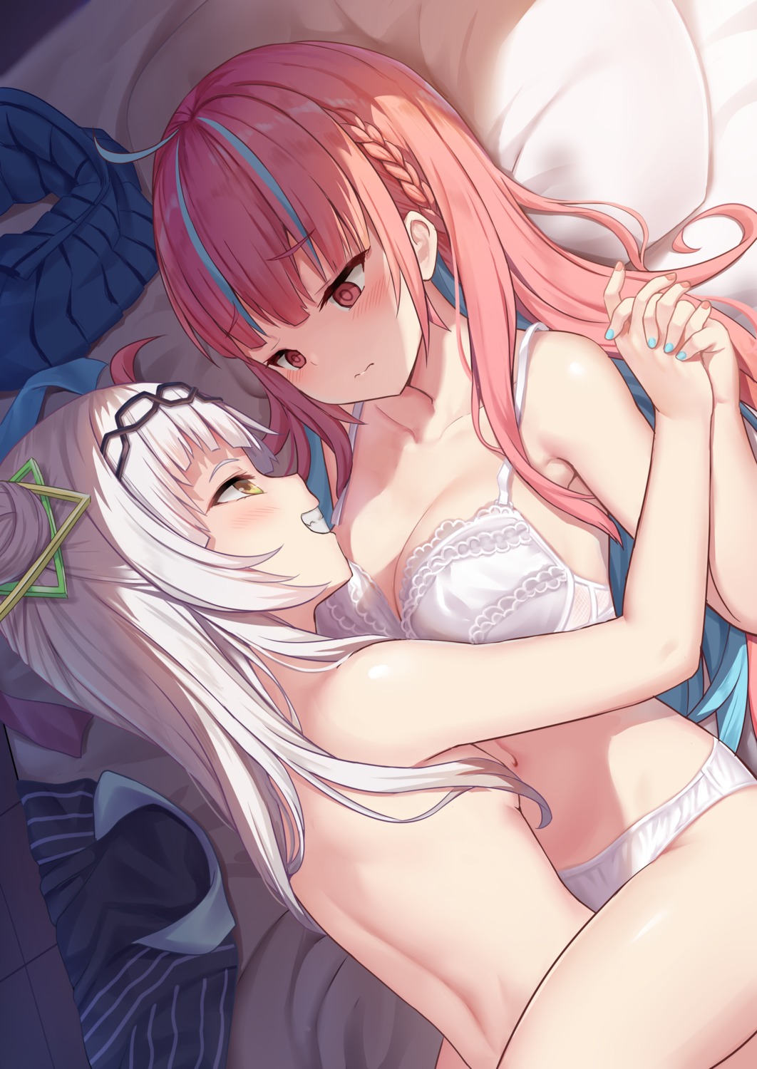 bra cleavage hololive loli milkshake_(artist) minato_aqua murasaki_shion pantsu topless yuri