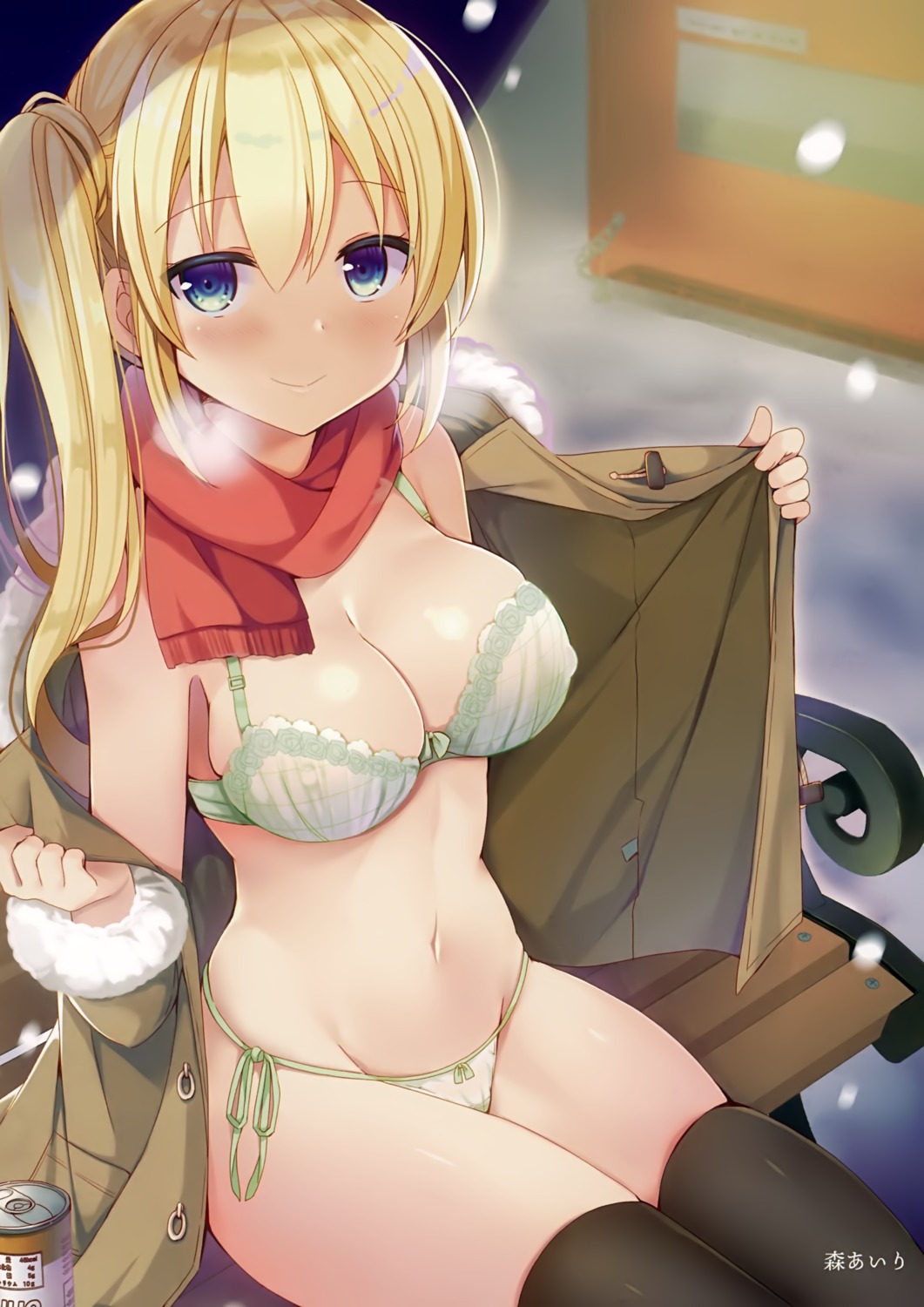 bra cameltoe cleavage erect_nipples mori_airi open_shirt pantsu string_panties thighhighs undressing