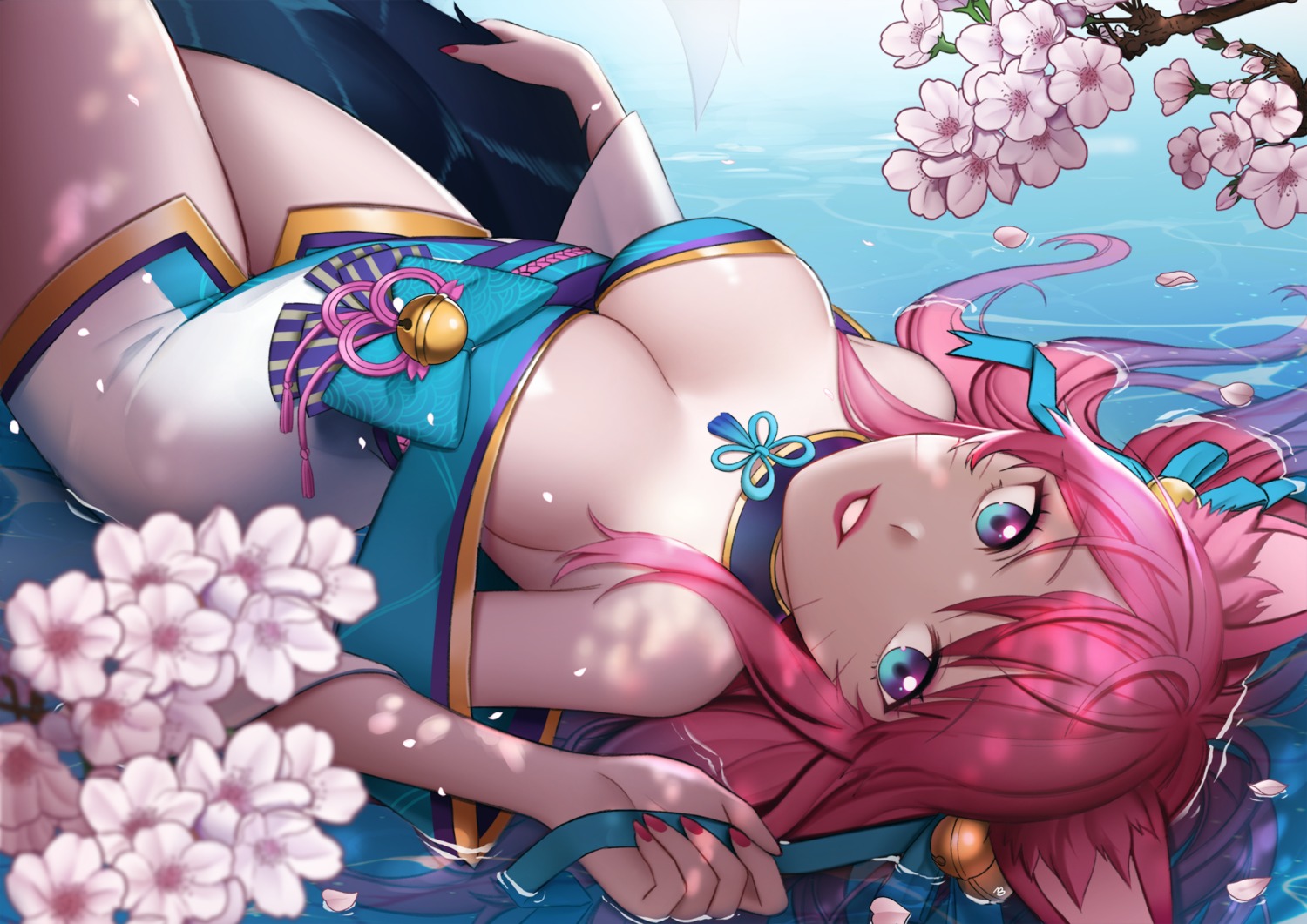 ahri animal_ears himing japanese_clothes kitsune league_of_legends no_bra open_shirt wet